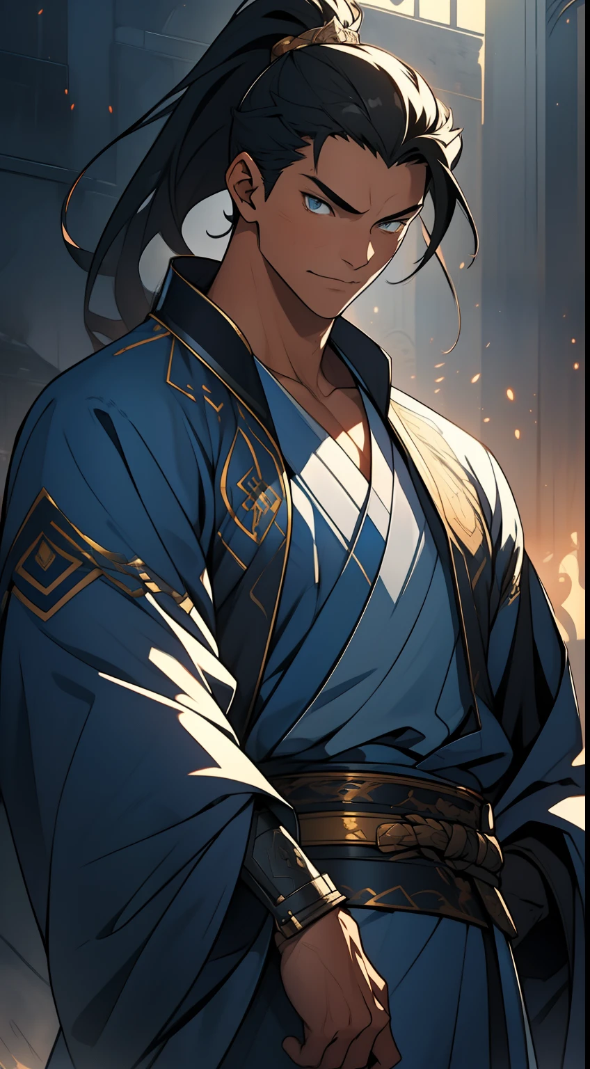 quadratic element,style of anime,mtu(Male Warrior),The proportions are correct,Face details,swordsmen,High ponytail hairstyle,Neck details,There is an Adam's apple,Blue suit,kaftan,long blue robes,clothes details,Handing over,longer sleeves,Game quality,Swordsmanship,Light and shadow tracking,Ray traching,detailed glow,cg render,hair detail,Black long hair,blue colored eyes,Handsome,Handsome,(juvenile sense),Clothing is complicated,Perfectcomposition,Refinement,high qulity,higher details,Lots of details,The background is complex,a sense of atmosphere,
