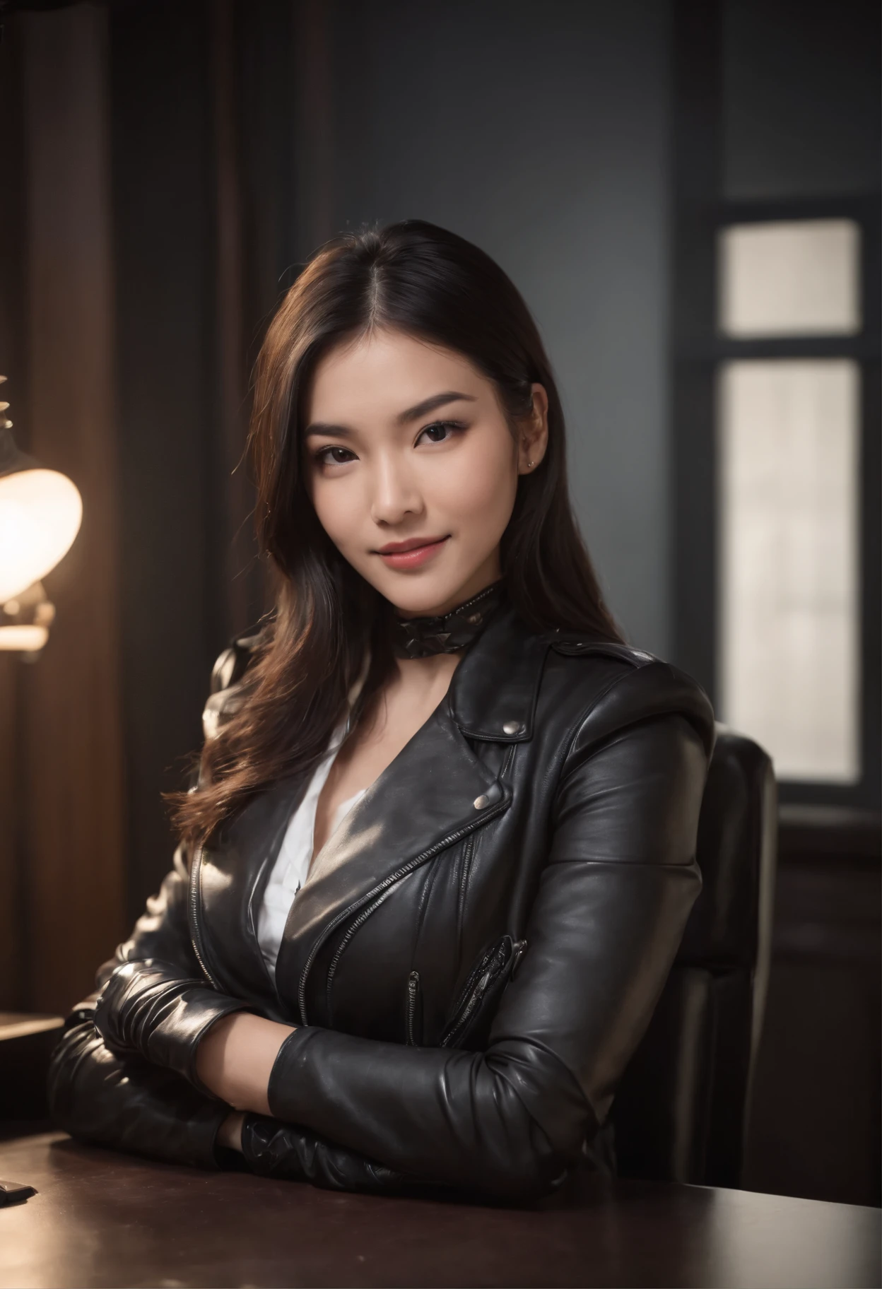 Wearing black leather gloves in both hands Upper body Black leather rider's jacket Necklace Facing the desk in the modern study in the dark, looking down and smiling, long straight black hair Young Japanese woman (black leather gloves cover both hands) Sitting on a chair with the fingers of black leather gloves and working on the computer