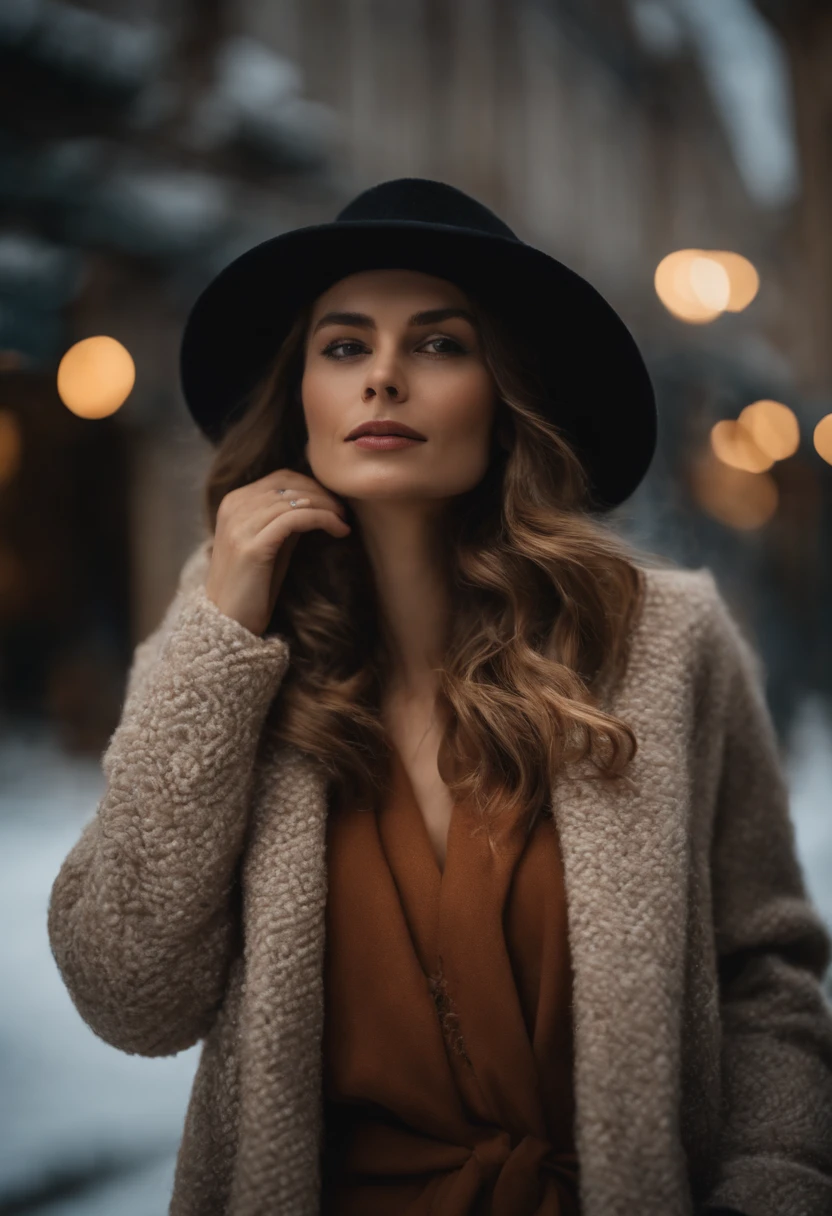 Retrato de uma mulher linda atraente, usando uma roupa de inverno intenso, trending on art station, estilo capa de revista, Pose intimidadora, roupas com moda,