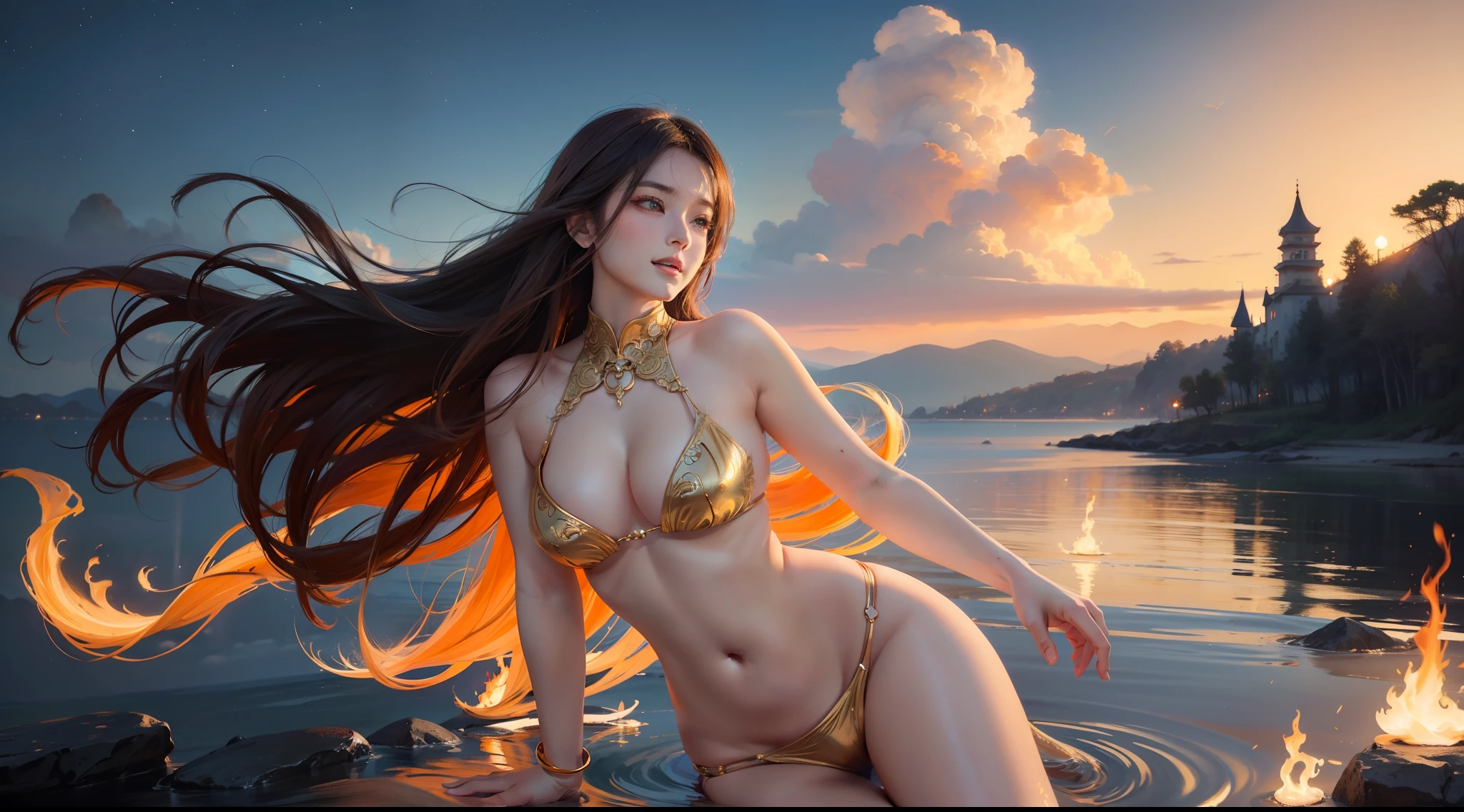 1 Gorgeous goddess of fire, (Float on fiery orange clouds); Perfect hair, perfect full lips, Delicate and perfect body, Her body is flawless, Amazing galactic garden, Background of flames, Floating on the clouds, Highly stylized features; (full bodyesbian), unsplash, Highly detailed, Digital painting, intricately detailed eyes, Colourful, Ink painting, Beautiful watercolor, Realistic, Detailed, fine art, Oil painting, Finely drawn hands; By Artgerm, by Alphonse Mucha, author：Ilya Kuvshinov sty, Paintings by Olga Shvasur, Svetlana Novykova，（In the daytime：1.8），in summer，beachside，（naturey：1.9），Very long hair，grinning smile，Raised sexy，unaligned breasts，dynamic angle，dynamicposes，exteriors，Seaside view， （RAW photogr：1.2）， （realisticlying：1.4）， absurderes， Incredibly Ridiculous res， hugefilesize ， ultra - detailed， A high resolution， The is very detailed， best qualtiy ， tmasterpiece， illustratio， Extremely refined and beautiful， The is very detailed， CG ，Solidarity ， 8k 壁纸， astounding， finedetail， tmasterpiece， best qualtiy，