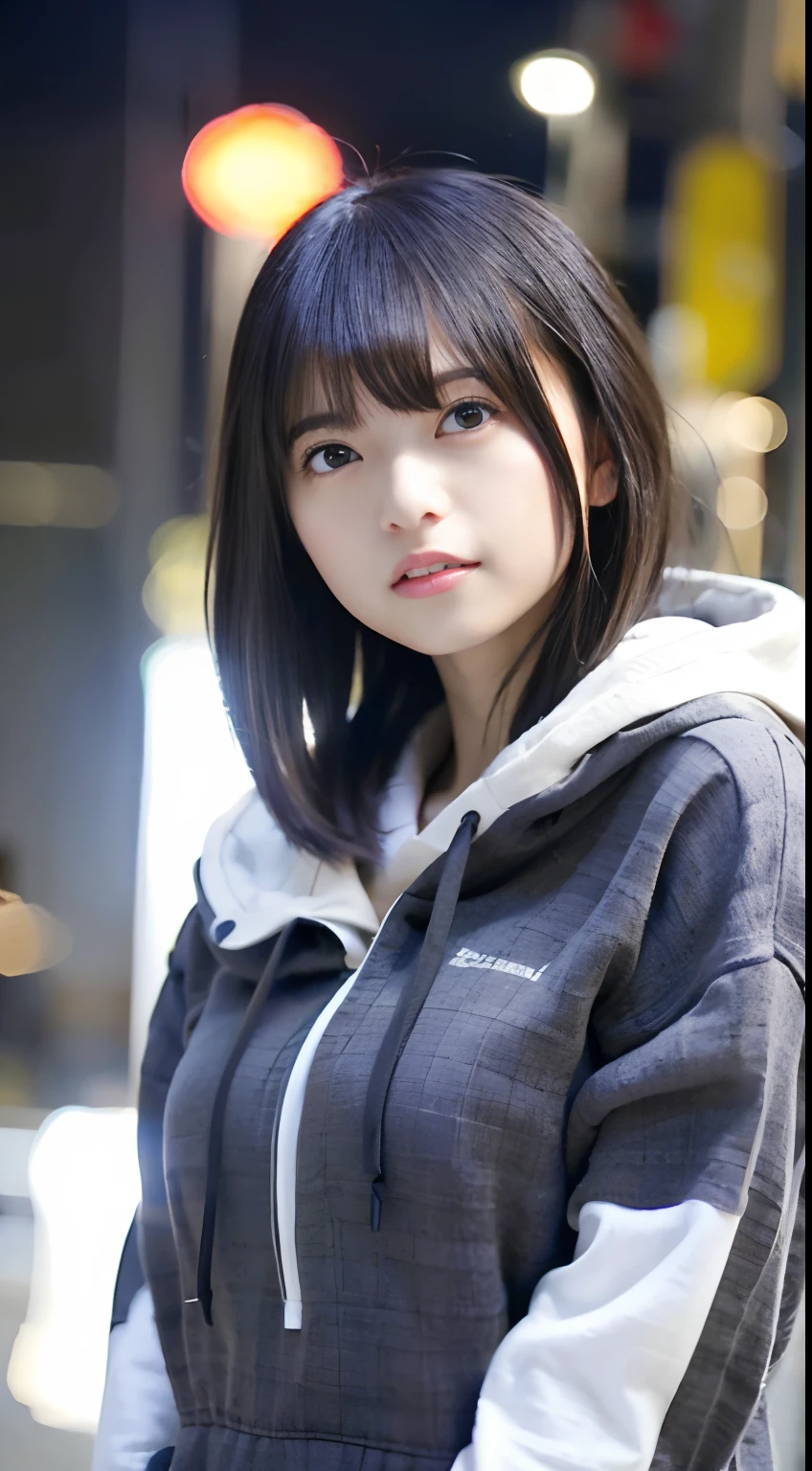 女の子1人、on tokyo street、A city scape、night cityscape、Neon Street、Rain at night、Rain-drenched body、The upper part of the body、a closeup、A smile、、(8K、Raw photography、top-quality、​masterpiece:1.2)、(realisitic、photoRealstic:1.37)、Highly detailed eyelash drawing、(((Top image quality))),Colossal tits、Plaid hoodie、small mouth、short-hair、Fine skin, (Beautiful hair), (Perfect Anatomy), (Realistic), (Dynamic Angle), Pose Seductive,Perfect,Sensual look、top-quality、hight resolution、