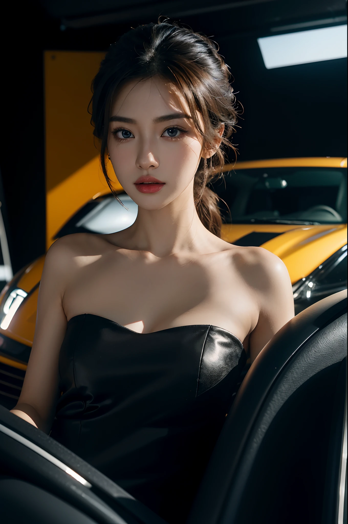Divide Ratio : 1,1,1 Base Ratio: (masterpiece: 1.3 ), (high resolution photorealistic Realism 16K Quality): (ultra_detailed, UHD:1.2), Extremely detail CG unity 8k wallpaper, depth of field, Fujicolor, (best quality), Fantasy, Artistic, A delicate fairy with mature features, puffy lips, ((the most absurd quality perfect eyes:1.3)), (super detail beautiful slim and sharp-face), (light pale complexion), ((Insanely detailed clear and sharp non blurry perfect round realistic brown_eyes:1.4)), Detailed lips:1.3, a (girl 22-year-old),fashion supermodel,(best high quality real texture skin:1.4),(ebony skin female),(best quality texture hair:1.4),BREAK,((black hair (slicked to the side) Intricately detailed:1.3)), underwear, ((Black strapless one-piece swimsuit:1.3), Insanely detailed:1.35), ((Sexy woman sitting on the engine cover of a sports car:1.35))、((spread your legs:1.33))、(show me your Black panties:1.35)、((nissan gtr:1.3))、 ((the most absurd quality perfect eyes:1.23)), (super detail beautiful slim and sharp-face), (light pale complexion), (Insanely detailed clear and sharp non blurry perfect round realistic brown_eyes:1.4), Detailed lips:1.3, (perfect proportions),(anatomically correct),(perfect female body:1.4),(firm big full breasts:1.2),slim face,beautiful cheekbones,((slim,muscled body:1.3)),finely detailed pupils,BREAK,detailed lips:1.3,(pink_makeup),(red_lipstick),(perfect dark_eyeshadows:1.1), iridescent eyes, with professional makeup, vibrant eyes:1.2, (Detailed nose:1.2),