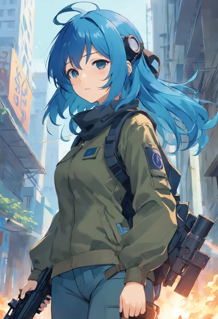 soldado de elite, blue hair with gas mask holding a rifle