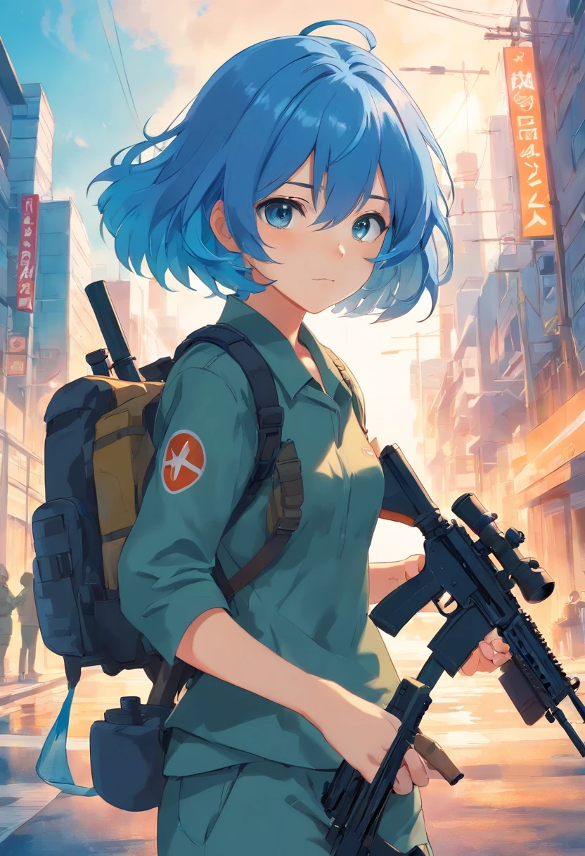 soldado de elite, blue hair with gas mask holding a rifle