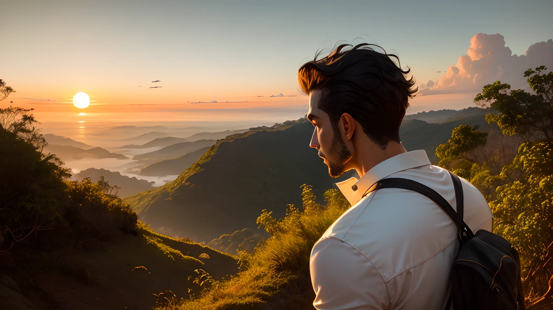 homem de terno moderno, olhando paisagem da natureza, por do sol