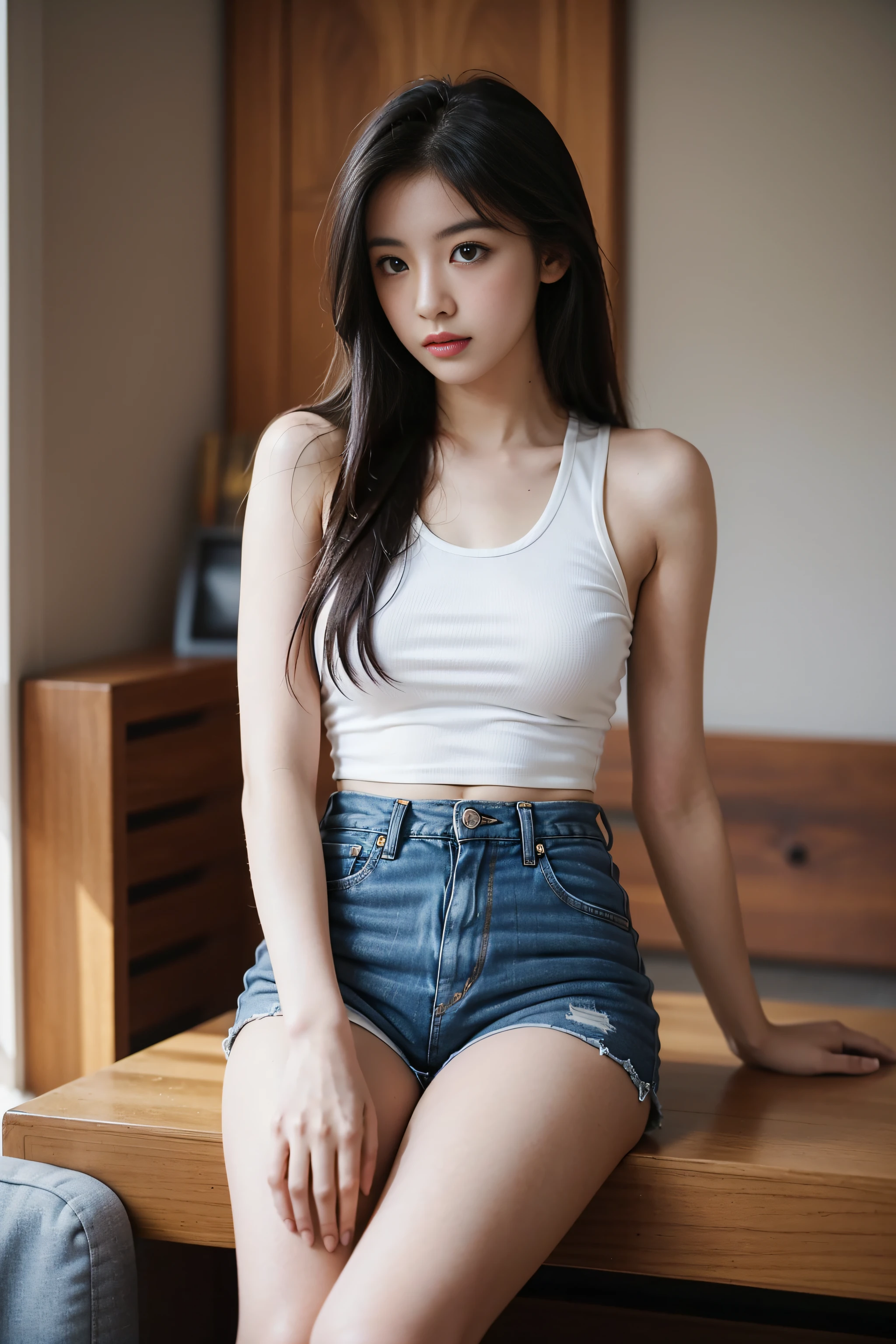 (masterpiece:1.2,best quality, complex details: 1.2) ,1 girl\(23 years old\), solo, looking at the audience, Tight tank top,[denim shorts], lips parted, realistic,living room,sexy,Medium size，(white body),long hair,[[bare_legs]],pale complexion,stand,