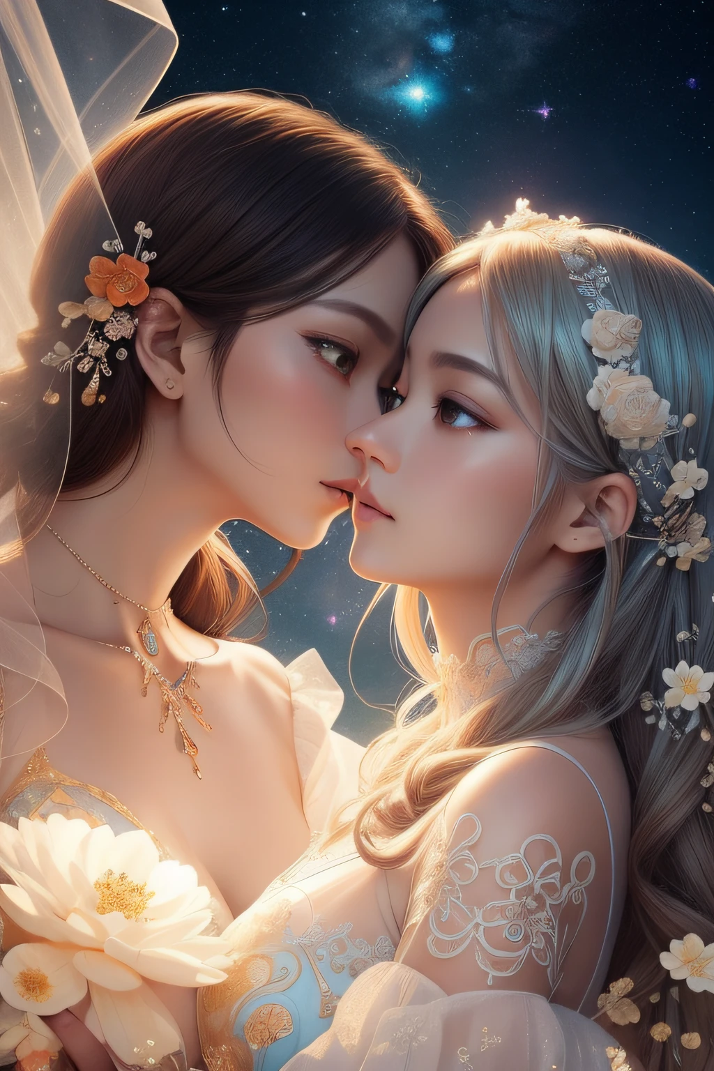 (masterpiece, highest quality, official art, beauty and aesthetic:1.5), perfect anatomy, perfect hands, two stunning bride is deeply in love with each other, kiss, romantic atmosphere, flower and moon, magnificent panorama view