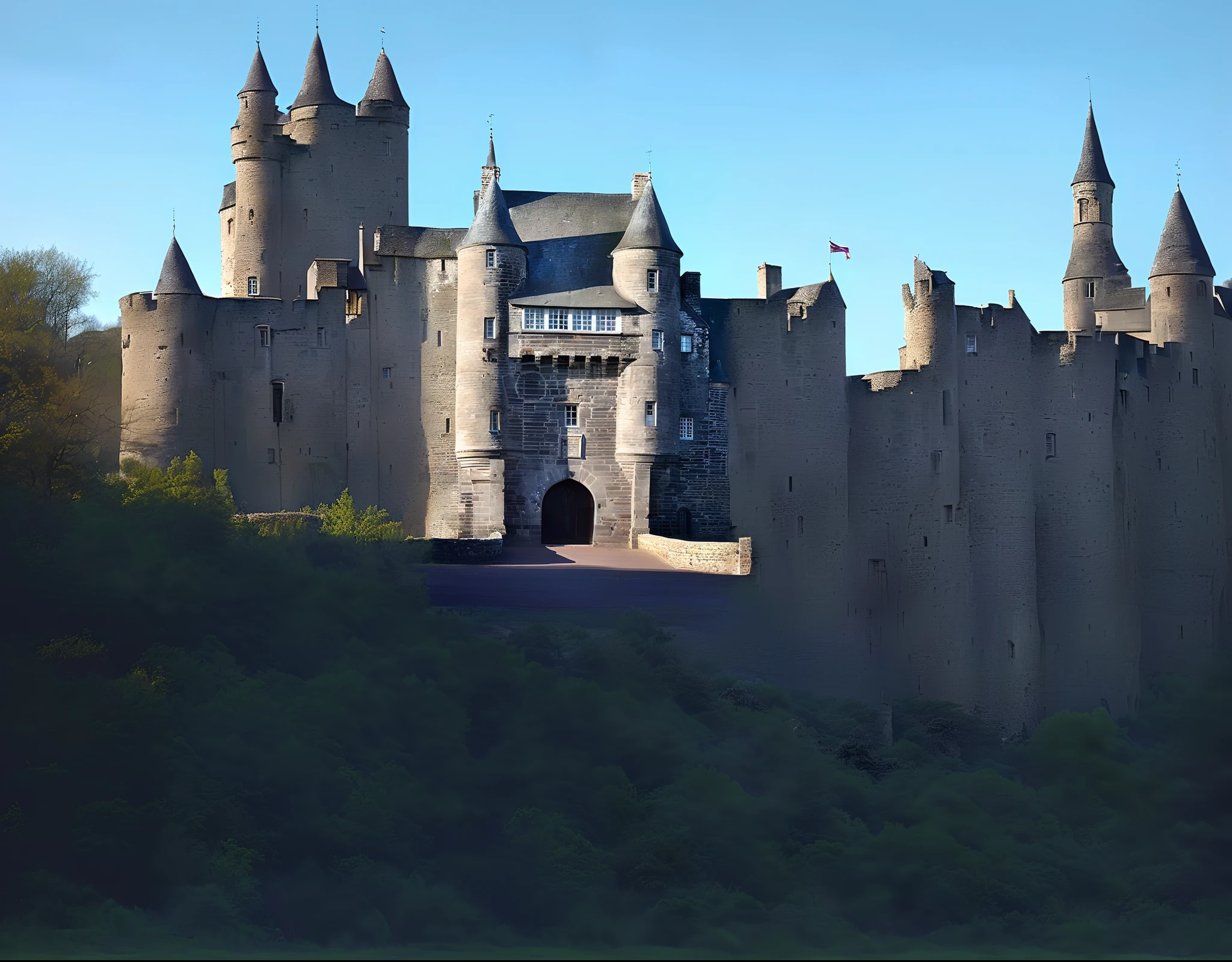 There is a big building like a castle，There is a clock in front, located in a castle, a medieval castle, Inner wards of a medieval castle, fancy medieval architecture, Old castle, Rennes - castle, tall castle enclosed palisaded, a medieval keep, Medieval architecture, a medieval castle, Castle, Beautiful castle, Medieval castle in the background, medieval gates