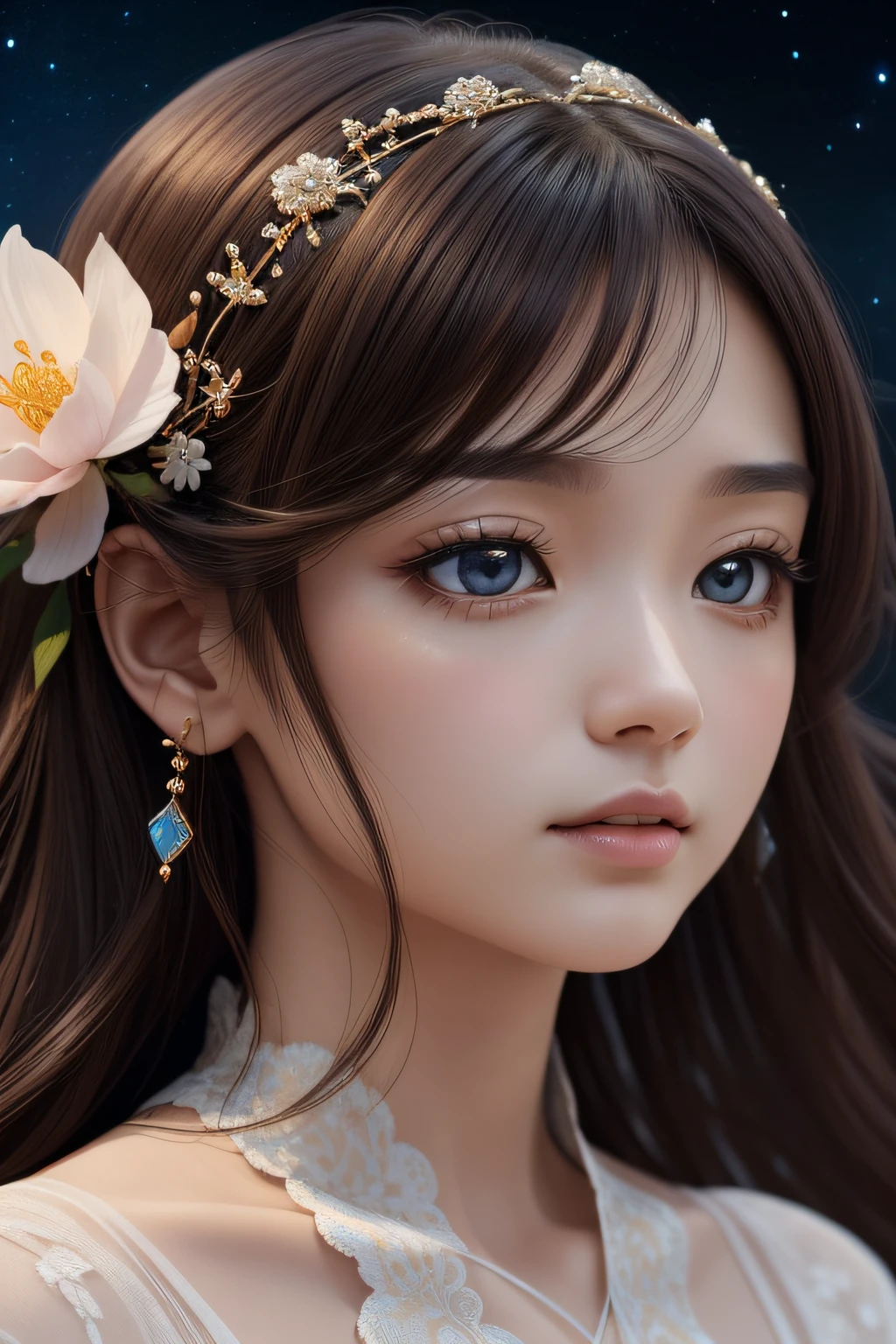 Design passionate romantic scenes、cosmos、Close-up photo of glass woman, intricate detailes、spaceships、Bursting、(dark brown eyes:1.2),(Orange and azure、Little White)、Elaborate metallic bones、Ayako Rokkaku、超A high resolution, Intricate details, Mystical、extremely delicate face,soft clean focus, Realistic lighting and shading, (an extremely delicate and beautiful art)1.3, Elegant, (Pastel colors)1.2,Dynamic Angle,