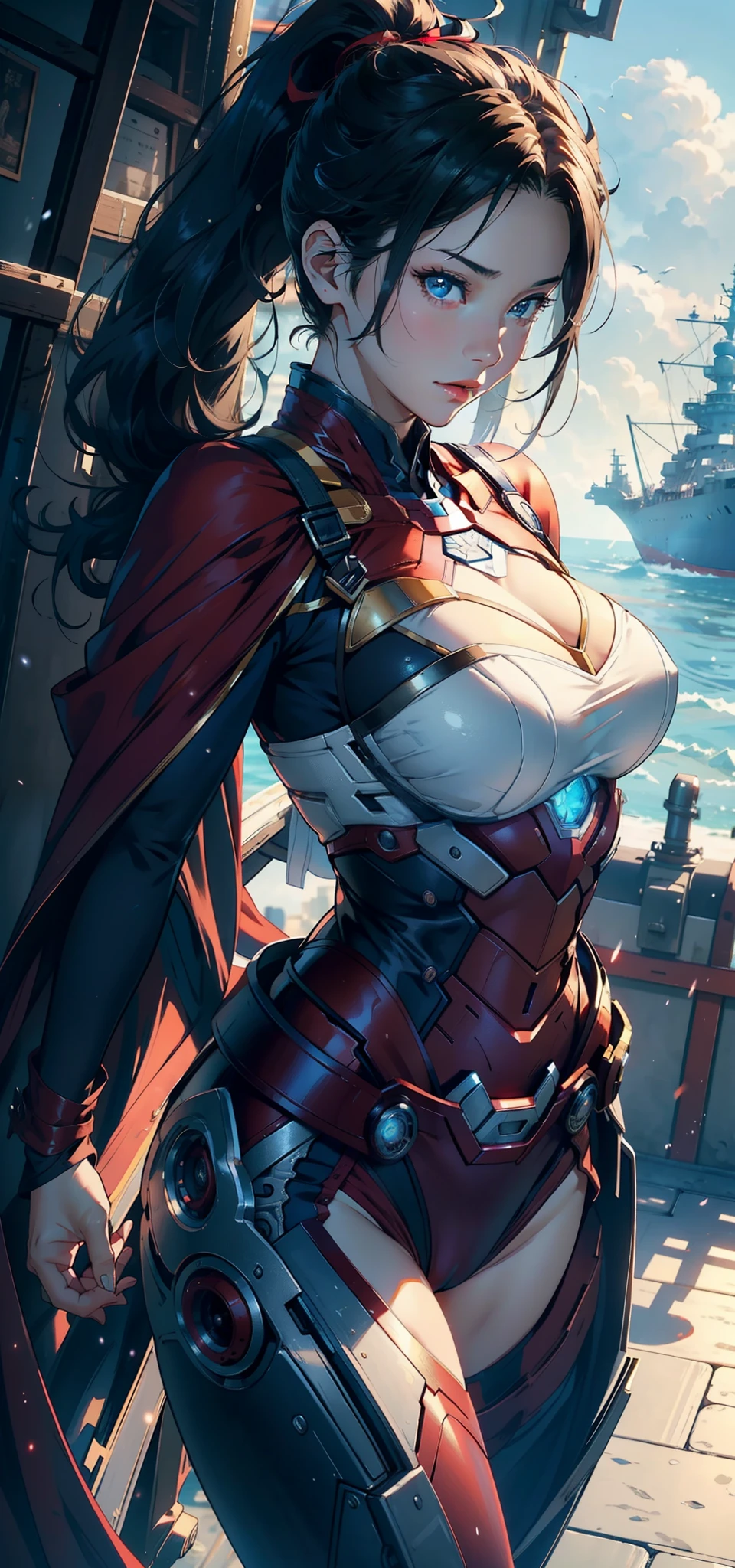 1female,35yo,plumw,extremely large bosom, 独奏,(Background with:Huge machinery,warships,the sea,battleships,nevando) She has short black hair,High ponytail,Standing at the bow of the ship,,seen from the front, hair straight, mostly cloudy sky,(((tmasterpiece),(Very detailed CG unity 8K wallpaper),best qualtiy,cinmatic lighting,detailed back ground,beatiful detailed eyes,Bright pupils,Blue eyes,Snow-whiteskin,Redlip(Very fine and beautiful),(Beautiful and detailed eye description),ultra - detailed,tmasterpiece,))facing at camera,A high resolution,ultra - detailed),revealing breasts,Bare genitalia, Bulge,legs are open,Raised sexy,Camel toes,Flushed complexion,Desire for dissatisfaction,frontage,captain america,Superman uniform,Hanfu,Red cape