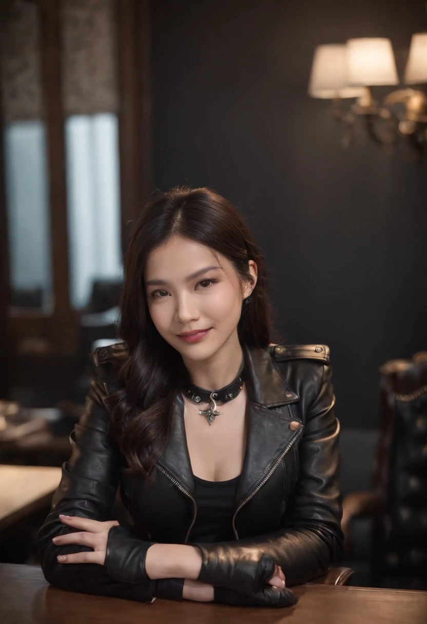 Wearing black leather gloves in both hands Upper body Black leather riders jacket Necklace on the chest Facing the desk in the modern study in the dark, looking down and smiling, long straight black hair Young Japanese woman (black leather gloves covering both hands) Sitting on a chair with the fingers of black leather gloves and working on the computer