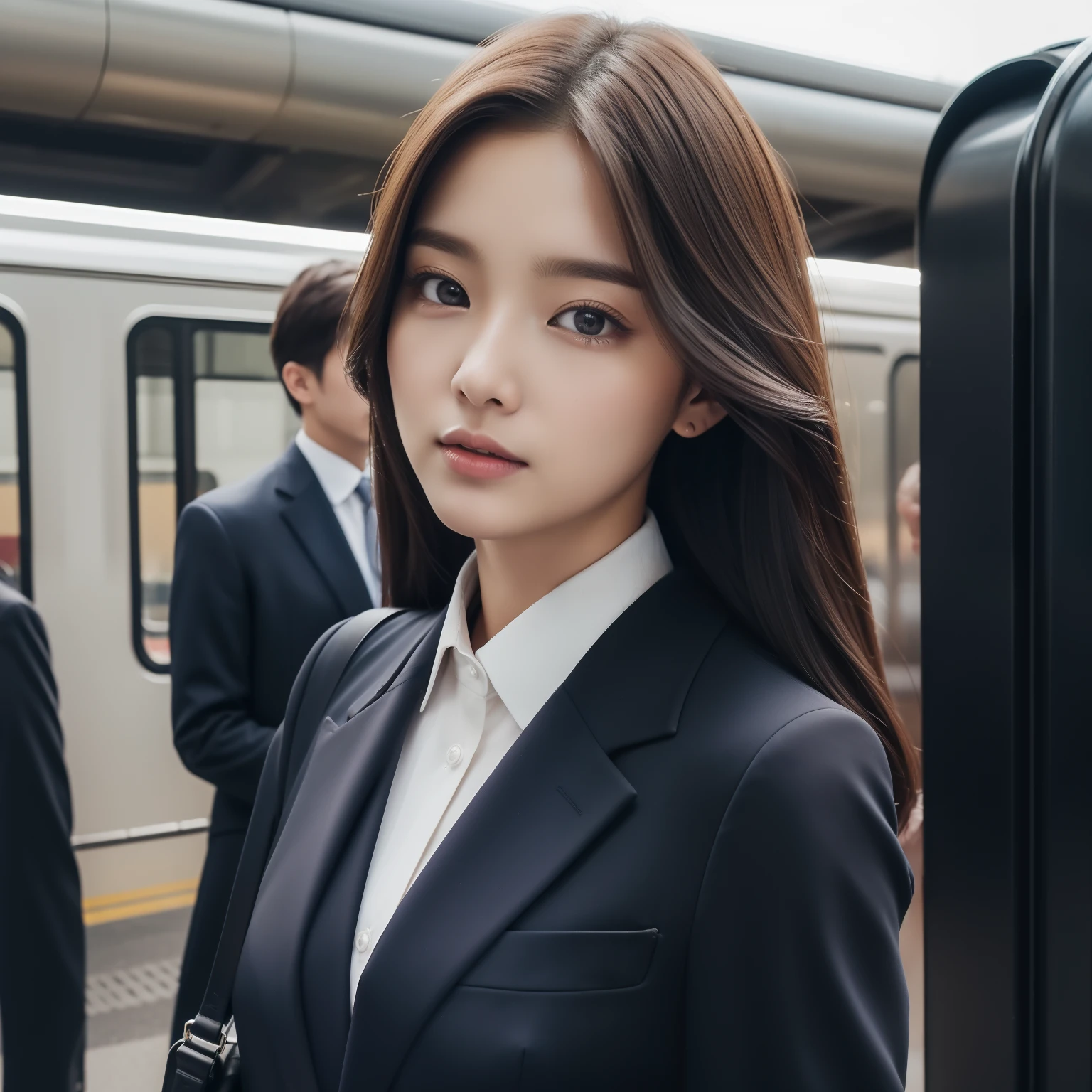 Beautie、commute、train、suits、Business Bag、skirt by the、Station platform(masterpiece), (realistic), (photorealistic: 1.2), (raw photo: 1.2), (best quality: 1.2), (detailed face: 1.4), (beautiful detailed eyes: 1.2), (detailed hair)