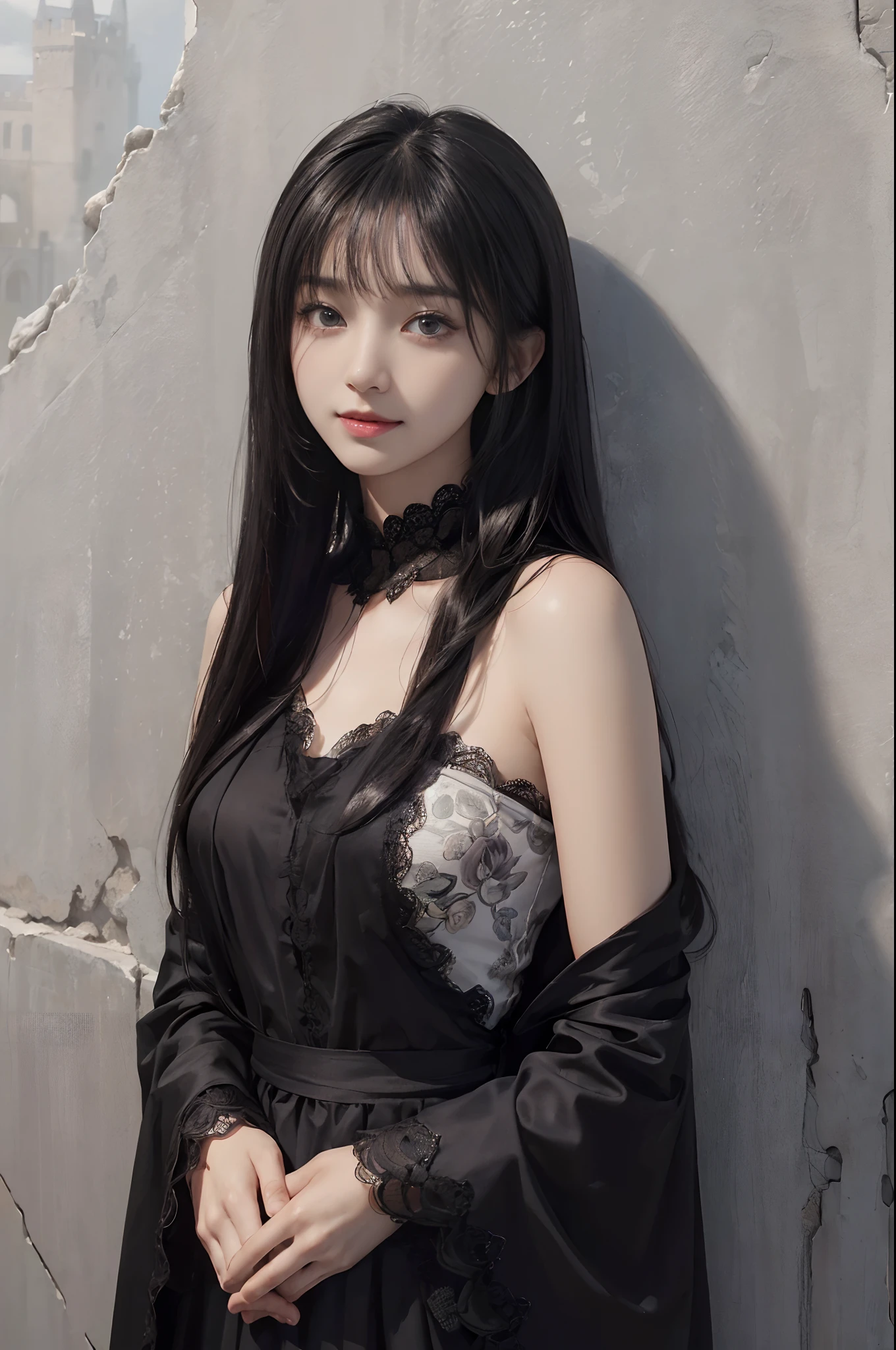 (A hyper-realistic)、(illustratio)、(hight resolution)、(8K)、(ighly detailed)、(Best Illustration)、(beautifully detailed eyes)、(top-quality)、(ultra-detailliert)、(masterpiece)、(wall-paper)、(A detailed face)、独奏、1 girl in、looking at viewert、fine detailed、A detailed face、in the darkness nigth、deep-shadows、lowkey、pureerosfaceace_v1、A smile、long、Black shawl straight hair、46-point diagonal bangs, (silk dresses、long skirt)(off shoulders)View of the castle、、Stand against the wall