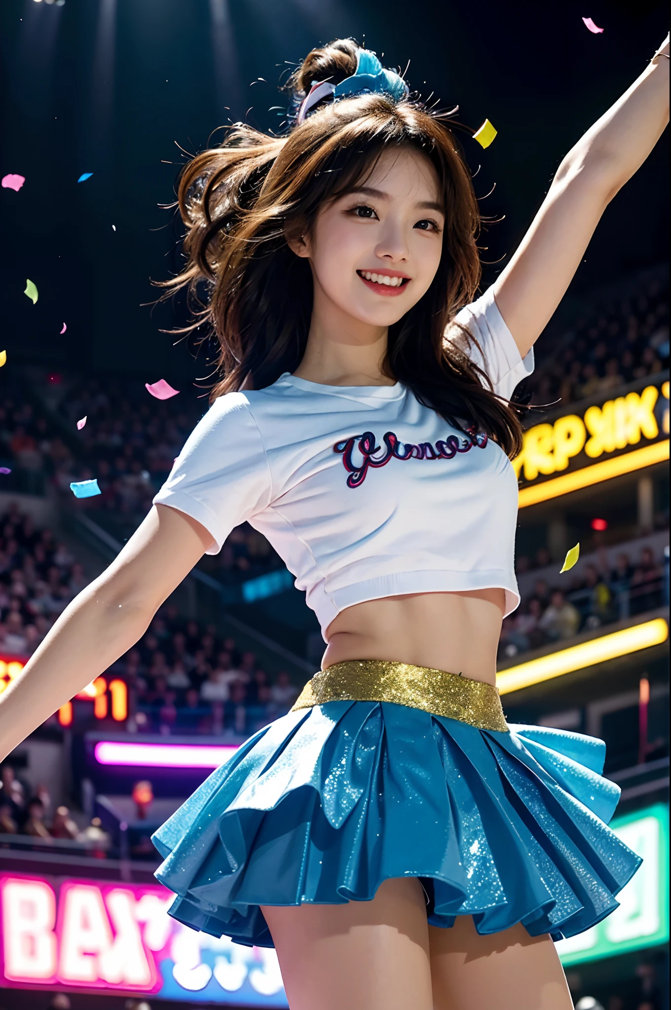 A beautiful Korean idol cheerleader
poster,painting,high resolution,ultra-detailed,realistic:1.37,vivid colors,HDR,studio lighting,sharp focus,
dancing energetically,smiling happily,perfect makeup,stunning outfit,
crowd cheering,exciting atmosphere,dynamic poses,expressive movements,
beautiful hair,sparkling eyes,rosy cheeks,full lips,
colorful pom-poms,flying confetti,glowing spotlights,
captivating performance,spirited cheers,unforgettable memories