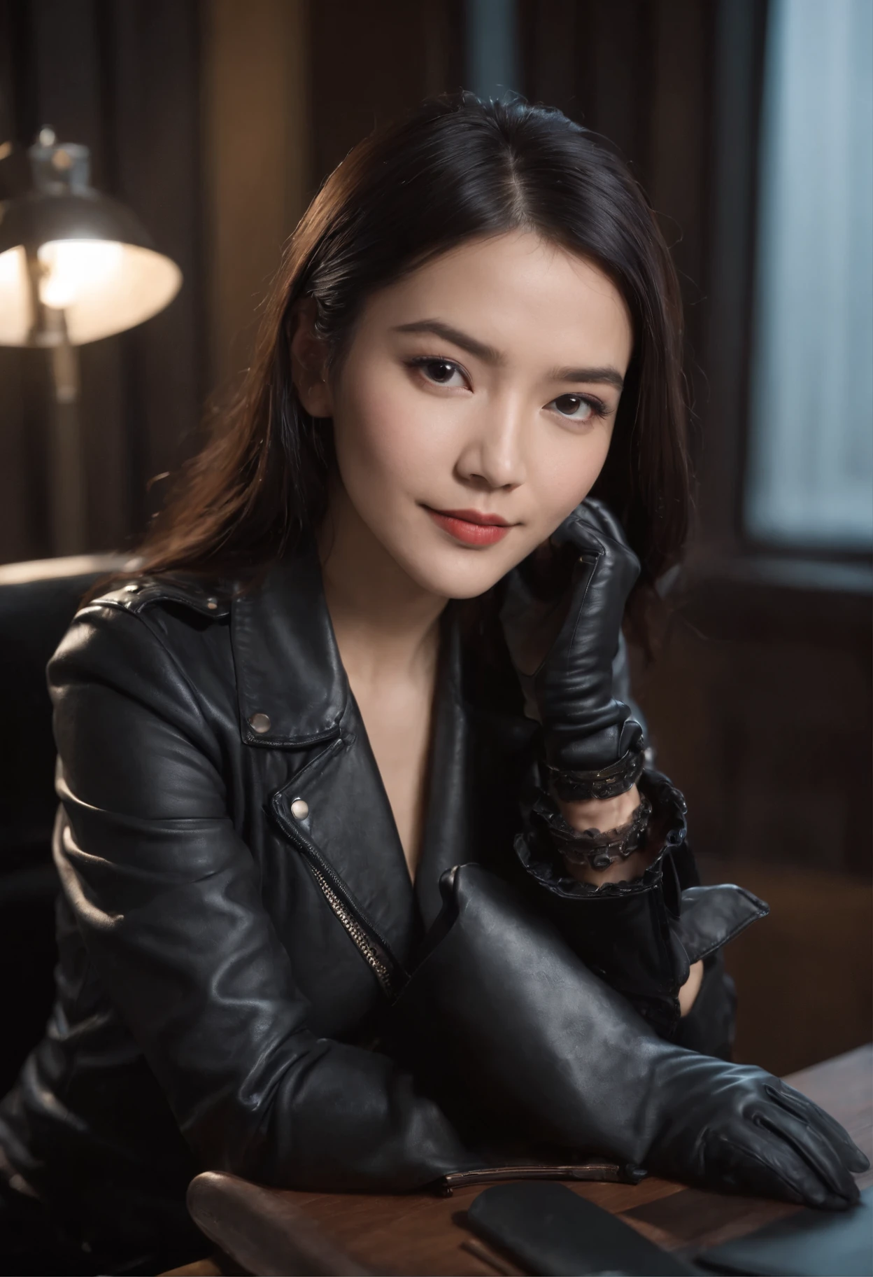 Wearing black leather gloves in both hands Upper body Black leather riders jacket Necklace on the chest Facing the desk in the modern study in the dark, looking down and smiling, long straight black hair Young Japanese woman (black leather gloves covering both hands) Sitting on a chair with the fingers of black leather gloves and working on the computer