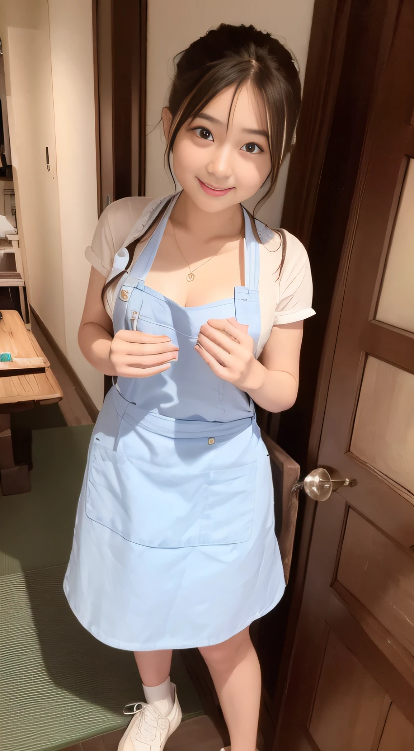 hightquality、masterpiece、ultra res、cute girl face、kitchin、barechested、pinafore、Wearing an apron、full body Esbian、Famous actresses of Japan、Very beautiful face