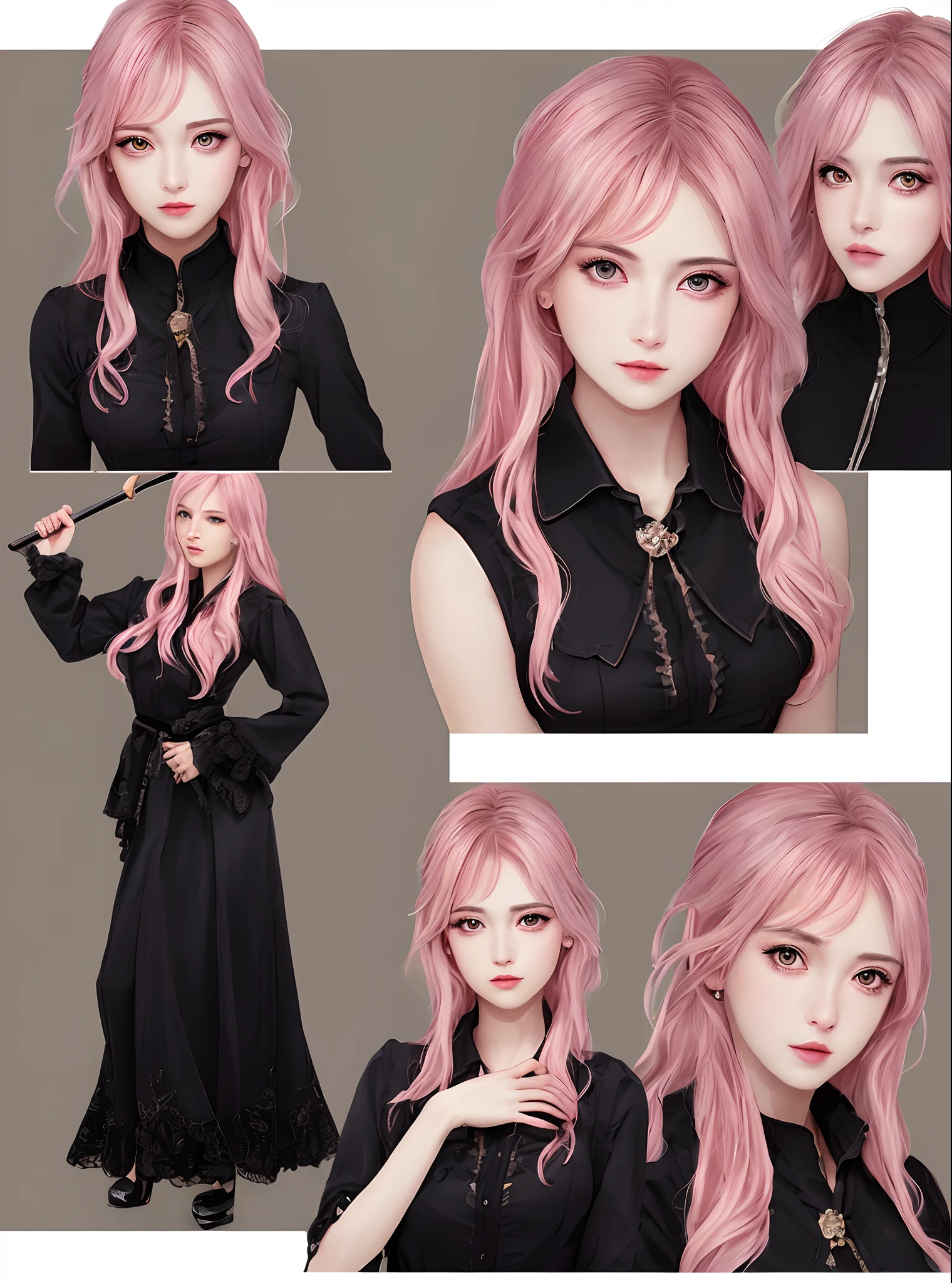 ((Masterpiece, Highest quality)), Detailed face, CharacterDesignSheet, full bodyesbian, Full of details, Multiple poses and expressions, Highly detailed, Depth, Many parts, pink hair beautiful girl, pink eyes, black clothes, scythe