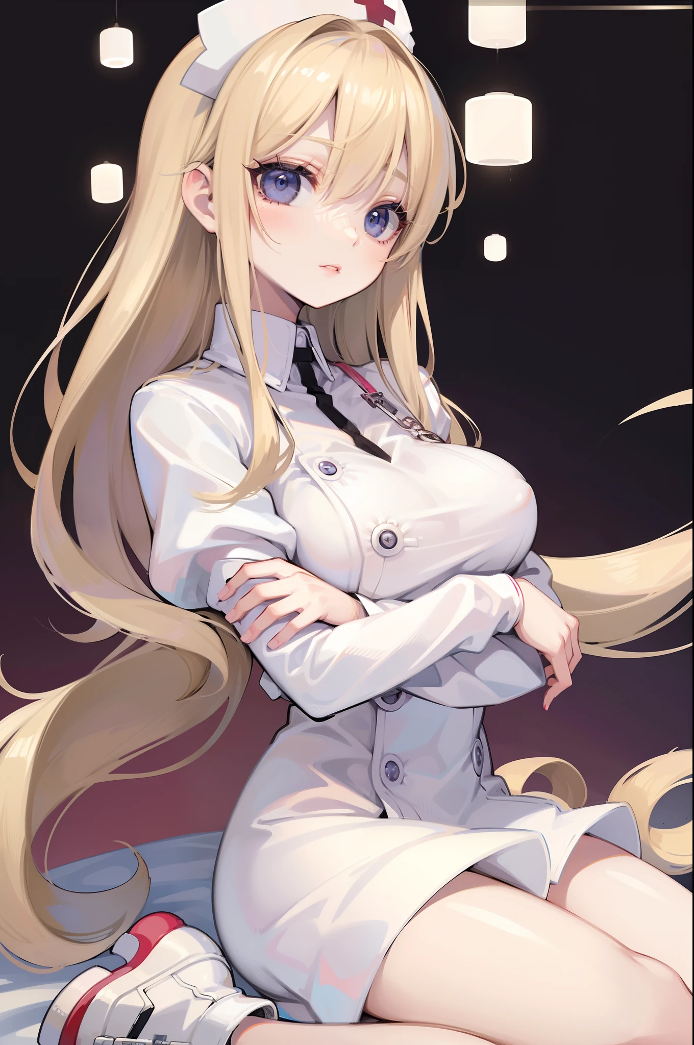 fashion modell、[[[a closeup]]]、[[[head to waist]]]、perfect  eyes、Perfect iris、Perfect lips、perfect teeth、flawless skin、blonde  hair、a blond、Soft front light、Baby Face Woman、Nurse、nurse's outfit、holding a syringe、Kneeling、Kamimei、Glamorous background、Photorealsitic、8k picture、
