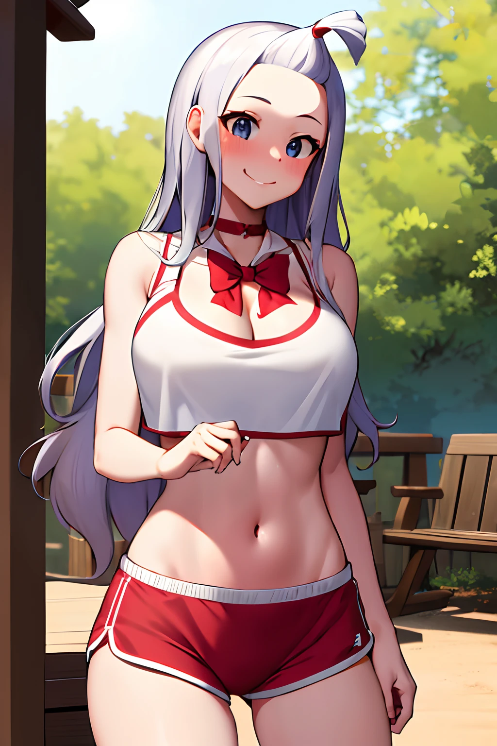 masterpiece, best quality, highres, Amira, long hair, bangs pinned back, topknot, forehead, choker, bare shoulder, cleavage, red mini shorts , sports bra,bow, sleeveless, cowboy shot, standing, outdoors, bar, smile, shy, blushing smile