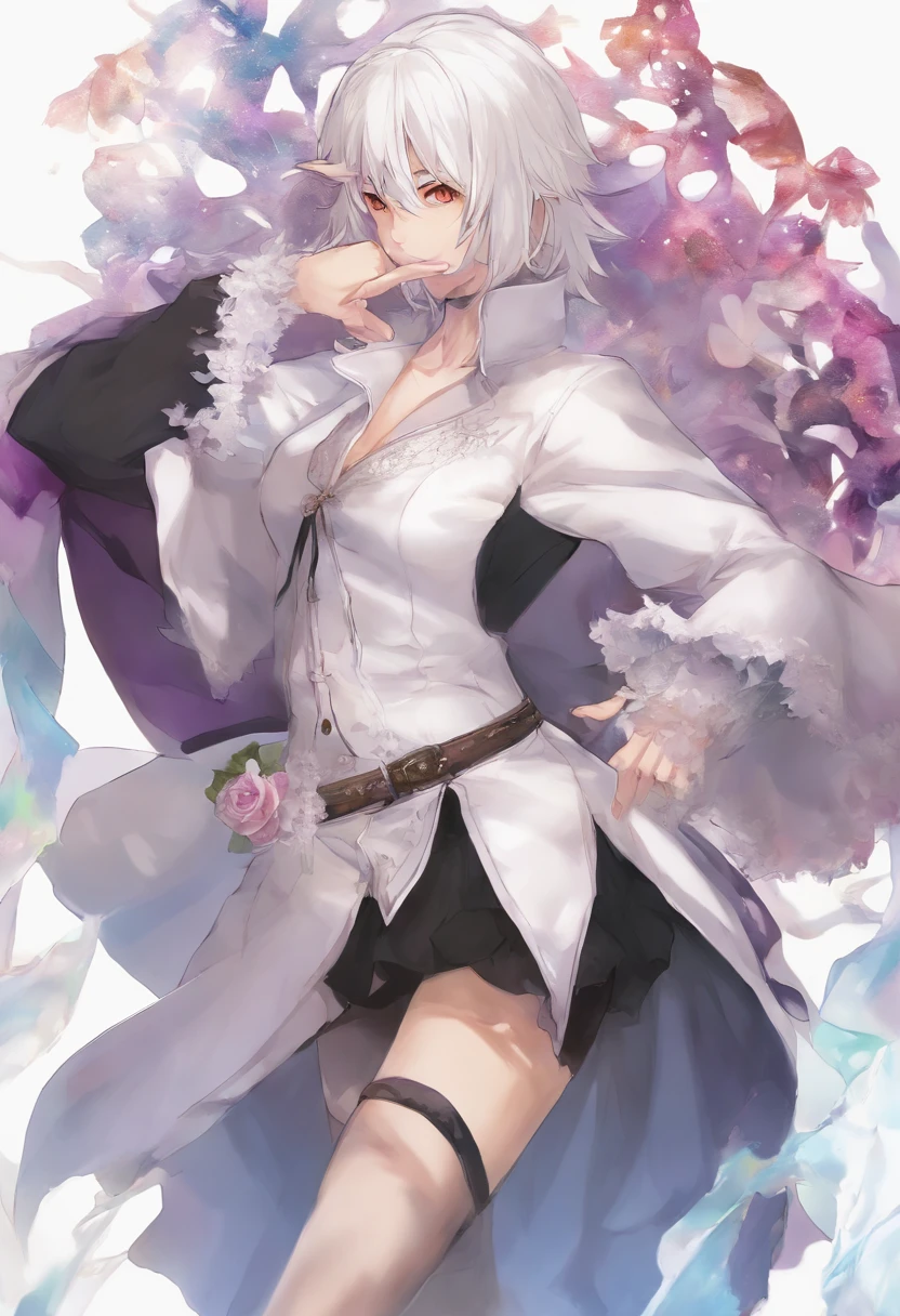 anime,Garota de cabelo branco misturado com rosa e roxo,olhos brancos, holding a katana in his right hand made of ice,fragmentos de gelo ao seu redor e o solo congelado,wearing black pantyhose up to just before the waist,com uma saia um pouco curta indo antes do joelho, cortada um pouco na esquerda da coxa as mostrando,wearing a black blouse up to before the neck,com um decote branco segurando seus peitos, Holding a white overcoat on his arm