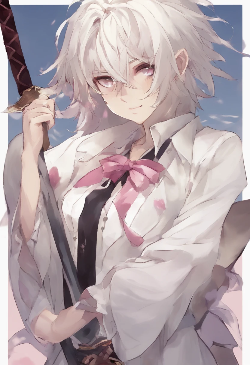 anime,Garota de cabelo branco misturado com rosa e roxo,olhos brancos, holding a katana in his right hand made of ice,fragmentos de gelo ao seu redor e o solo congelado,wearing black pantyhose up to just before the waist,com uma saia um pouco curta indo antes do joelho, cortada um pouco na esquerda da coxa as mostrando,wearing a black blouse up to before the neck,com um decote branco segurando seus peitos, Holding a white overcoat on his arm