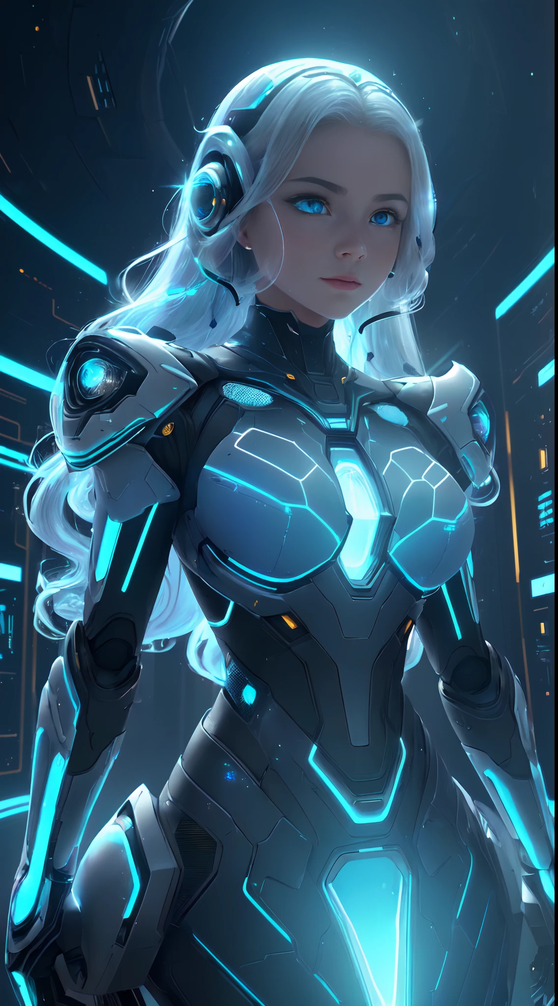 motor irreal:1.4,UHD,La mejor calidad:1.4, fotorrealista:1.4, textura de la piel:1.4, obra maestra:1.8,((Beautiful robot woman Vividly colored digital image of a symmetrical young and ethereally beautiful face with icy blue long hair and eyes reflecting the galaxy., With an elegant futuristic dress that shines with holographic light reflections, De pie frente a un elegante, Glowing portal emitting fog and glowing particles, It's inside a high-tech lab full of screens and shiny equipment..., Rendered in a stunning sci-fi anime art style with cinematic lighting, intricate linework, and a beautiful structure of atmospheric glow effects ))