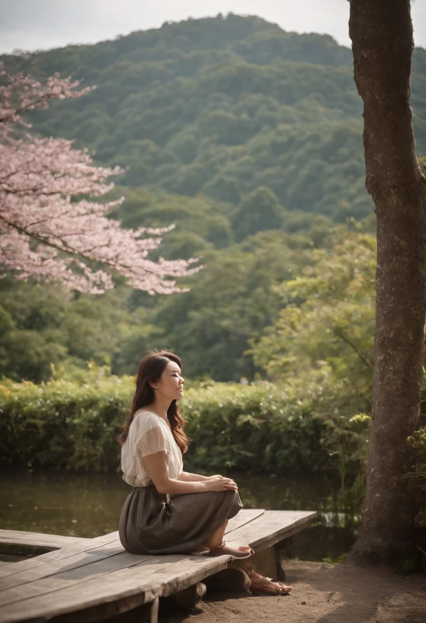 Jovem japonesa, nua,pousando sobre uma bela paisagem sentada em uma cadeira
