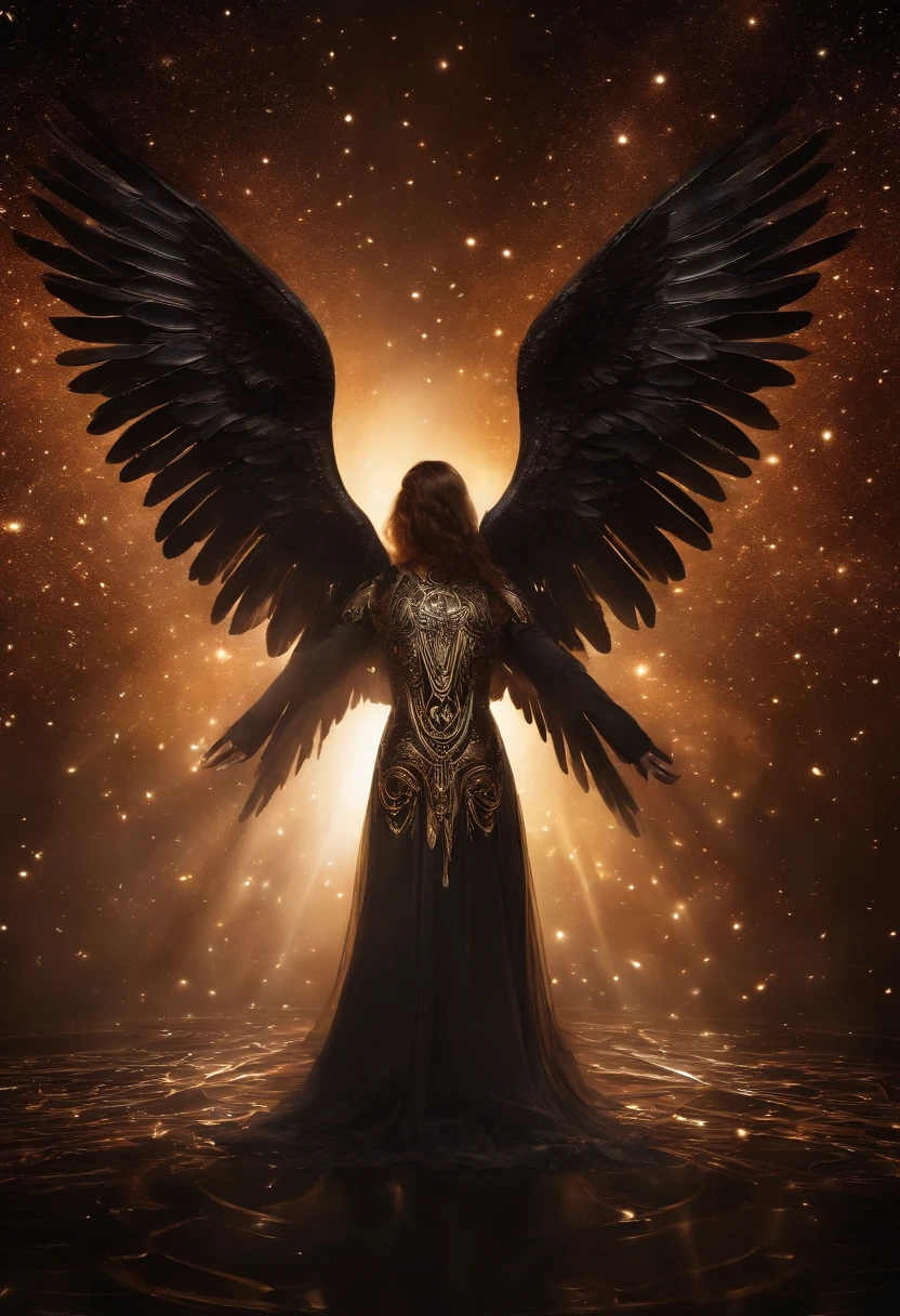 cosmic fallen angel, olhos claros brilhantes, Biomechanicals, estranho, assustador, Pesadelo, cores muito brilhantes, light particles, com luz brilhante, Mshiff, Arte do papel de parede, Papel de parede UHD