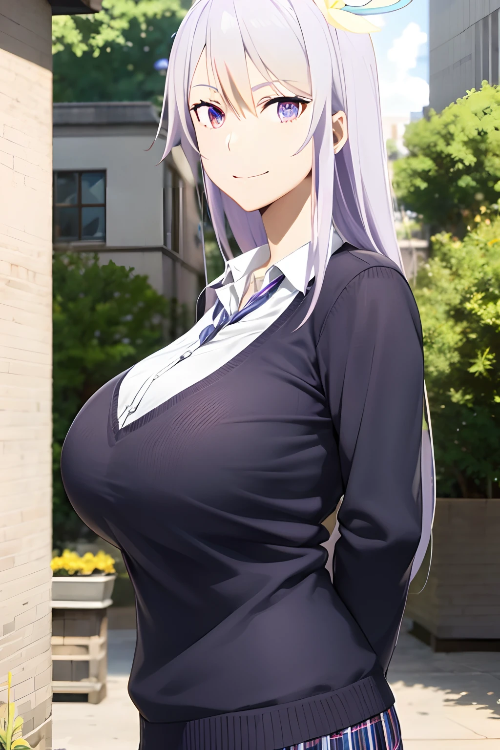 masterpiece, ((naked)), ((school uniform)), nectie, (best quality), skirt, (solo), 1girl, reona, silver hair, purple hair , long hair, purple eyes, sexy woman, hair between eyes, hair ornament, vibrant colors ,natural lighting, RTX, (huge tits), (detailed face:1.2), (perfect eyes:1.1) ,(photorealistic:1.1), 8k uhd, looking a viewer, outdoors, simple backround, smile, (())
