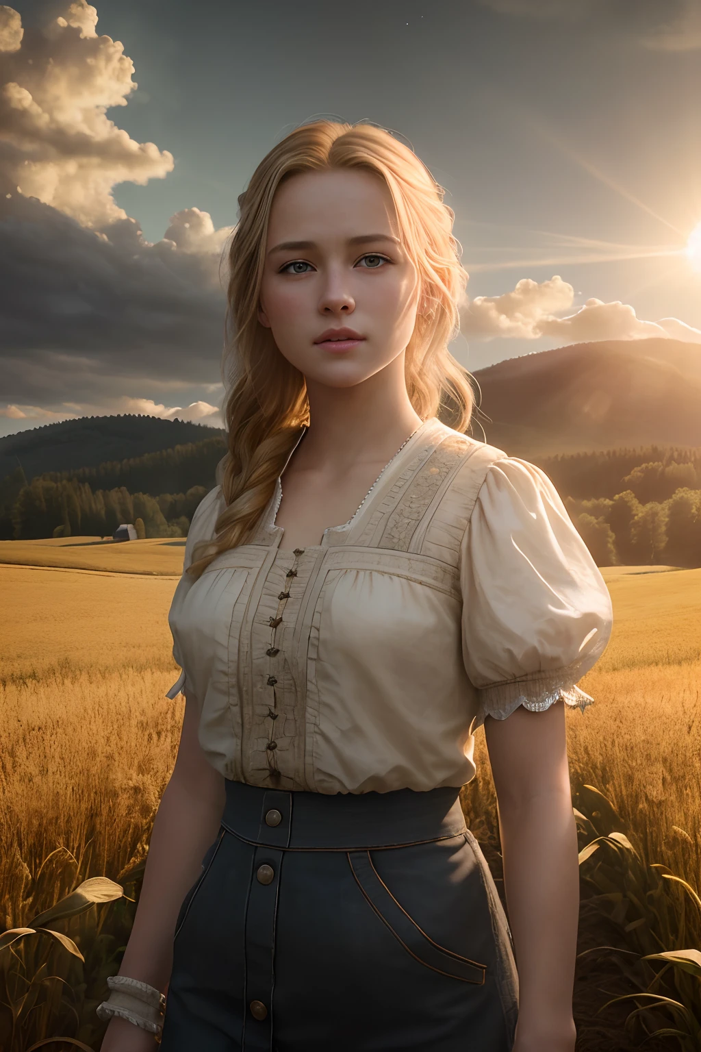 (realistic:1.3), finely detailed, quality, rembrandt lighting, (masterpiece:1.2), (photorealistic:1.2), (best quality), (detailed skin:1.3), (intricate details), dramatic, ray tracing, 1girl, american white girl, blonde hair, 21 years old, medium breasts, (Meadow, Sun, Clouds, Field, Farming, Starlight, Walking trail)