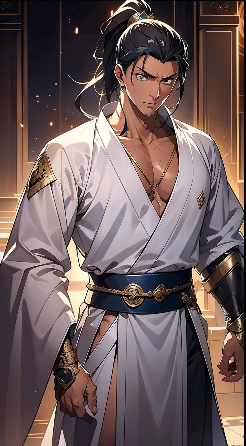 quadratic element,style of anime,mtu(Male Warrior),The proportions are correct,Face details,swordsmen,High ponytail hairstyle,Neck details,There is an Adam's apple,White robe,kaftan,long white robe,clothes details,Handing over,longer sleeves,Game quality,Swordsmanship,Light and shadow tracking,Ray traching,detailed glow,cg render,hair detail,cabelos preto e longos,blue colored eyes,Handsome,Handsome,(juvenile sense),Clothing is complicated,Perfectcomposition,Refinement,high qulity,higher details,Lots of details,The background is complex,a sense of atmosphere,
