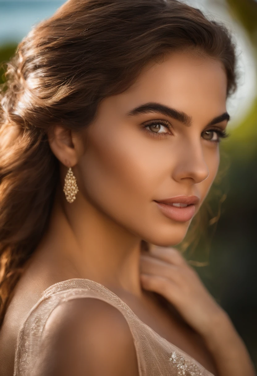 A bela Hermione com 18 anos, muito linda, bronzeada, cabelo rico, rosto perfeito, corpo perfeito, sorridente, envergonhada, roupas leves, ousada, deitada nas areias da praia
