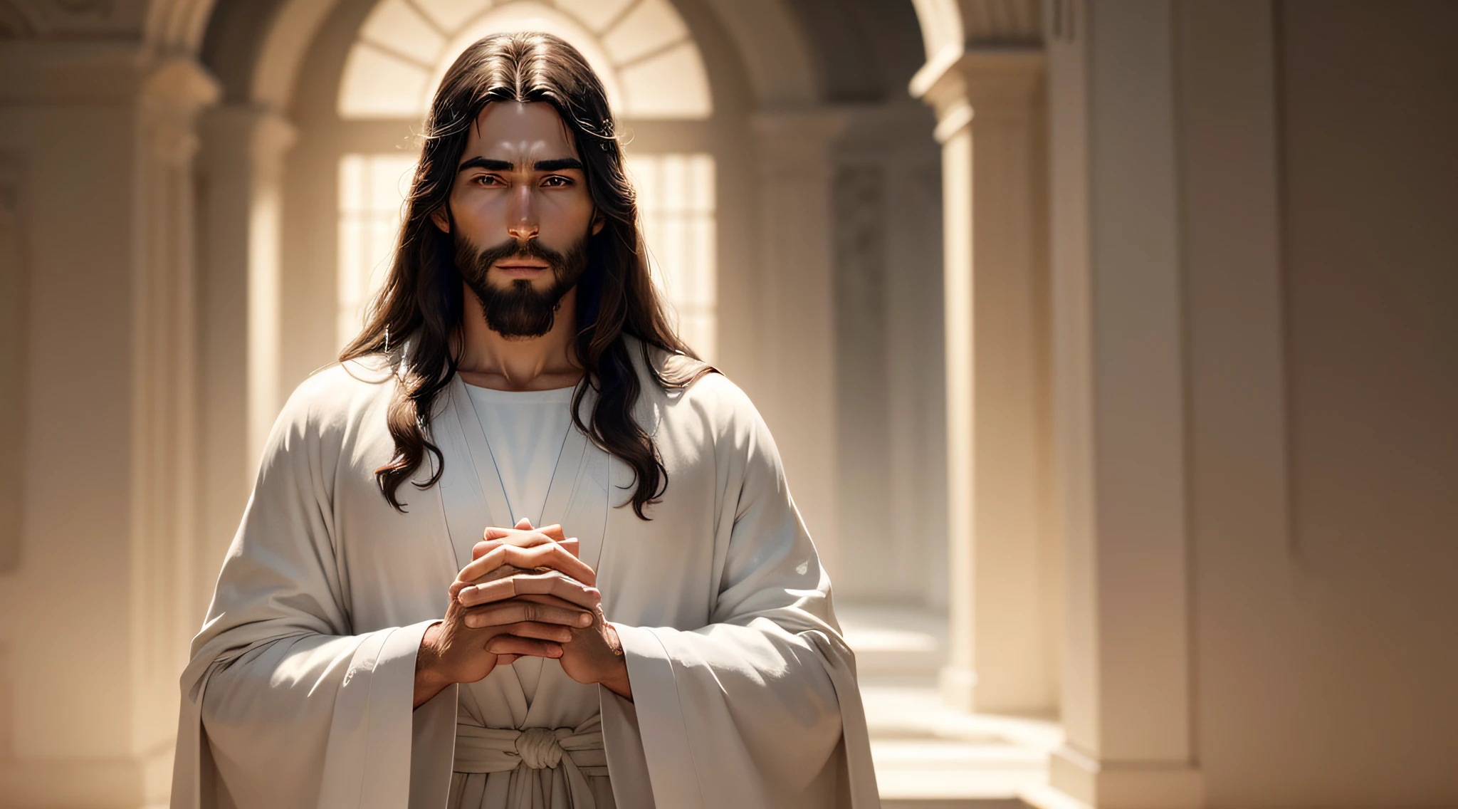 "Por favor, create an artistic representation of Jesus Christ in high definition. Na imagem, would like to see Jesus in a serene and welcoming setting, cercado por uma suave luz dourada. He must be wearing a white robe and possess a calm and compassionate expression on his face. Por favor, Ensure the image has a resolution of at least 3000x3000 pixels to ensure high quality.