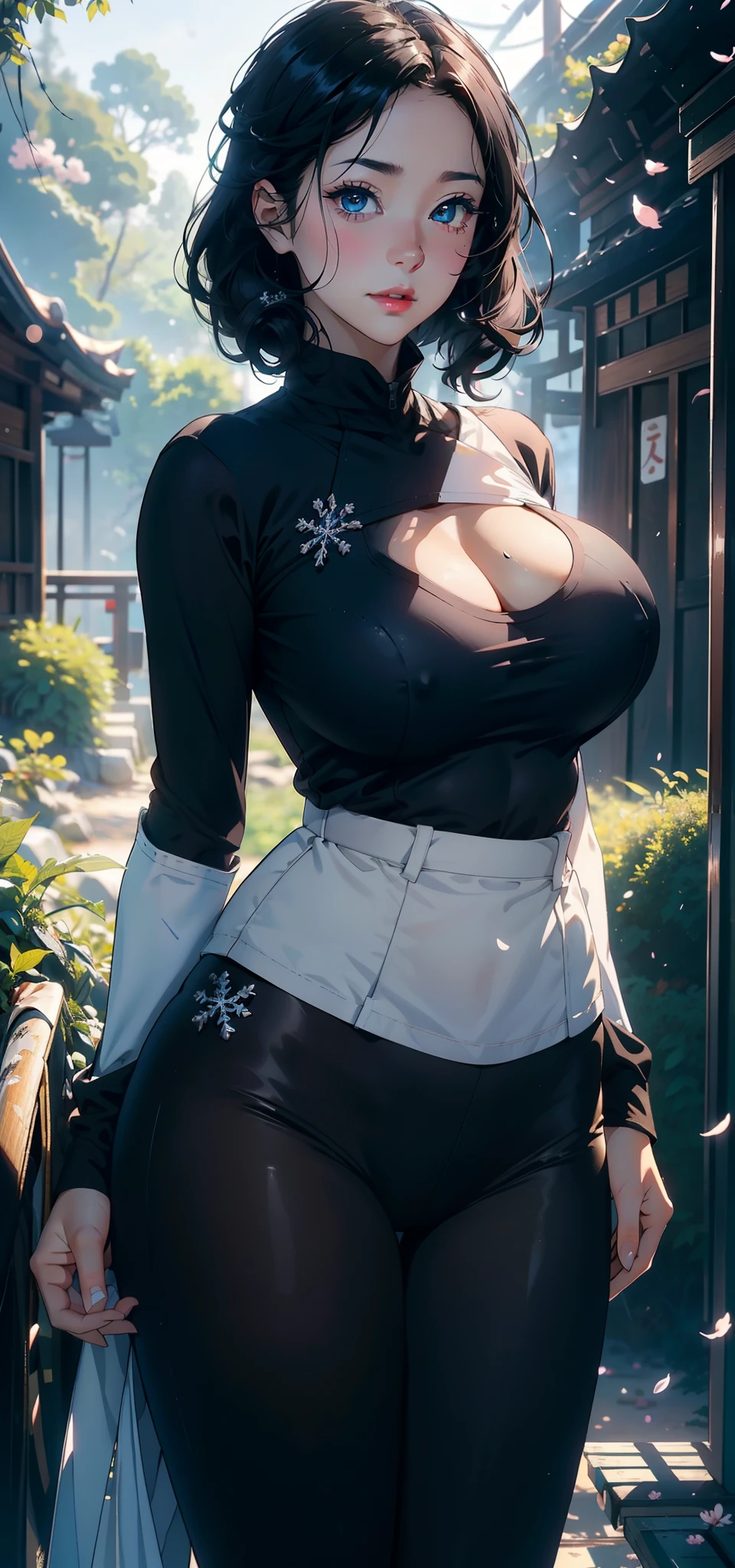1female,35yo,A MILF,plumw,extremely large bosom, 独奏,(Background with:Cherry blossom forest,ln the forest)Deep in the forest, She has very short black hair,bobo head,Maiden Station,,seen from the front, hair straight, mostly cloudy sky,(((tmasterpiece),(Very detailed CG unity 8K wallpaper),best qualtiy,cinmatic lighting,detailed back ground,beatiful detailed eyes,Bright pupils,Blue eyes,(Very fine and beautiful),(Beautiful and detailed eye description),ultra - detailed,tmasterpiece,))Redlip,facing at camera,A high resolution,ultra - detailed),Camel toes,Flushed complexion,Desire for dissatisfaction,frontage,SakuraNS ,US Navy,Snowflake decoration,(Wearing:,White marshal uniform,black colored leggings)