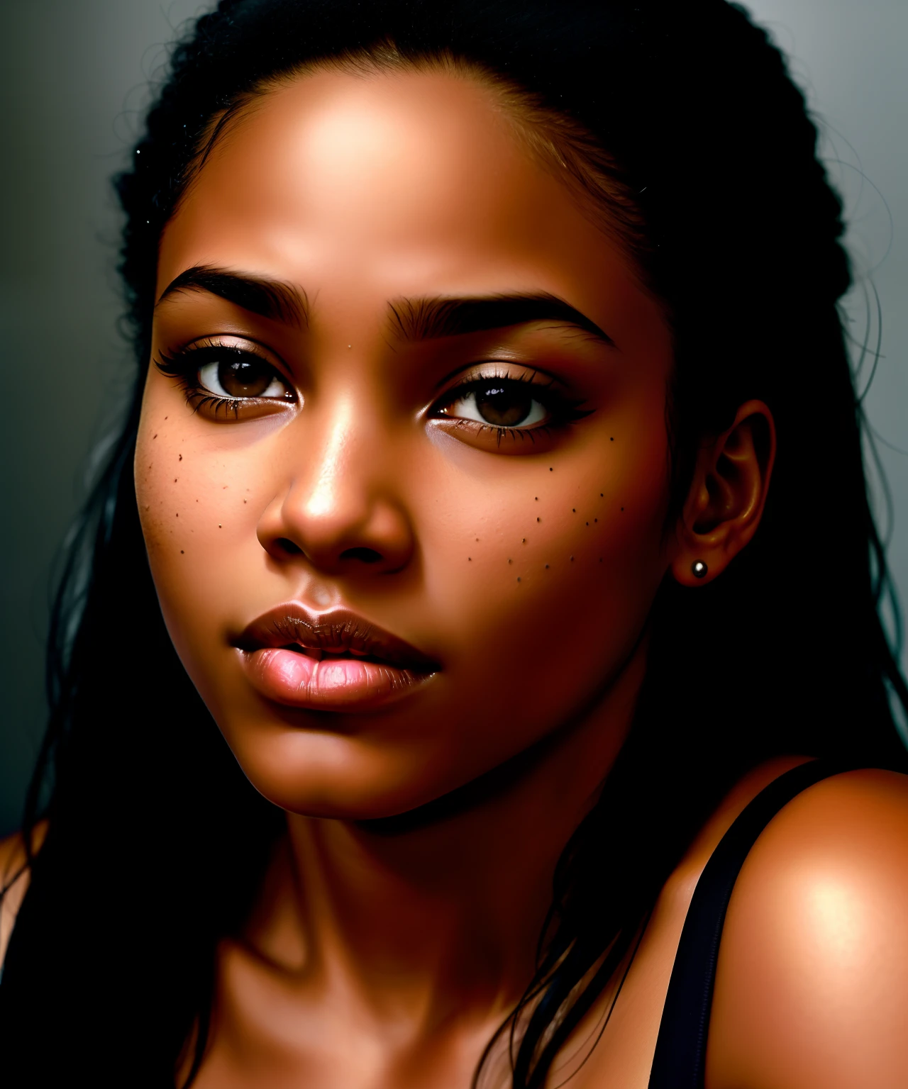 blkmndy, aggression, flirting with the camera, natural skin texture, hyper realism soft light, close up portrait photo by Annie Leibovitz, film, studio lighting, detailed skin, ultra realistic, bokeh, sharp features