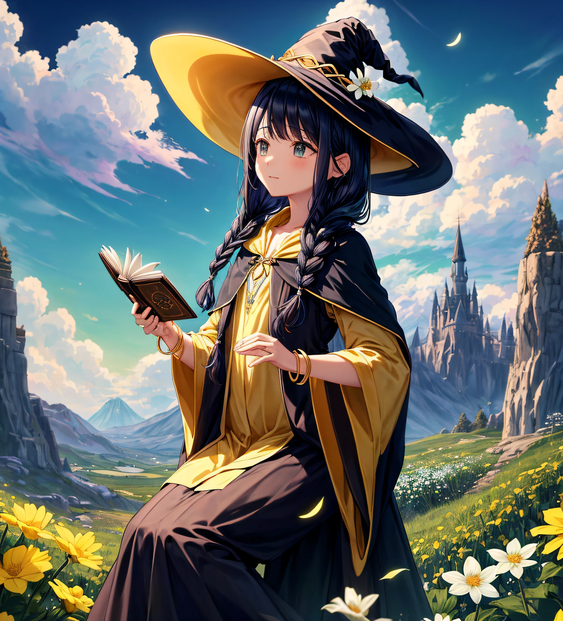 (obra prima:1.2、qualidade superior)、detalhes intrincados、1girl em、olhos castanhos claros:1.5、long black hair、braids、cabelo liso sedoso、Twilight Look、Poncho cinza longo、orelha de elfo、witch hat、green outfit、golden bracelets、potions、Magic、witch、(((Ao ar livre、Campo de flores、flor colorida々)))、luz natural、Blue open sky、nuvens cumulonimbus、