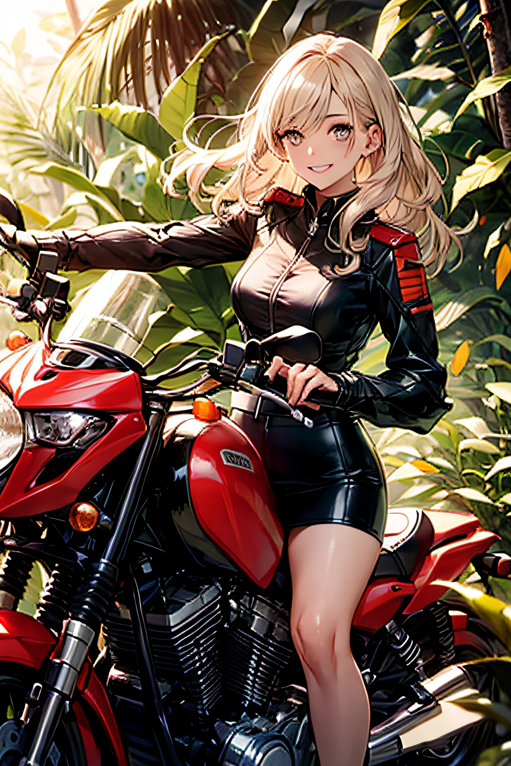 Cybernetic arm and glowing robot cyber girl,(Sheer and revealing costumes:1.3, ),(Robot Cyber Girl riding a powerful military-style motorcycle galloping through jungle:1.3), Glossy light brown and orange striped shorthair,Cute smile,Perfect round face,A cheerful smile that makes the viewer happy,Proper body proportion,masutepiece,Super high-quality output images,hight resolution,Intricate details,Very delicate and beautiful hair,photos realistic,Dreamy,Professional Lighting,realistic shadow,Solo Focus,Beautiful hands,Beautiful fingers,Detailed finger features,detailed clothes features,Detailed hair features,detailed facial features,