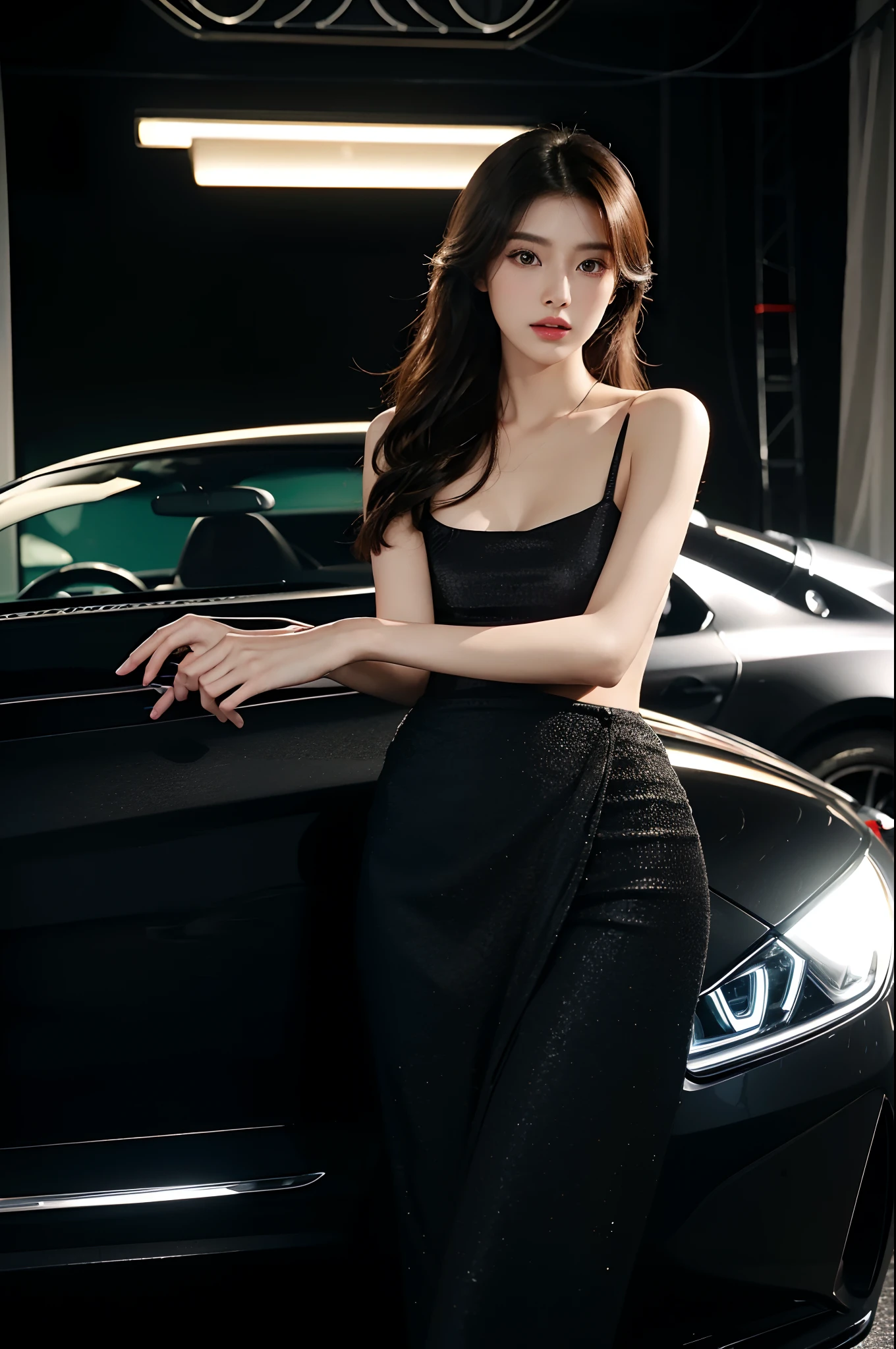 (Best quality,4K,8K,A high resolution,Masterpiece:1.2),Ultra-detailed,(Realistic,Photorealistic,photo-realistic:1.37),Car model,korean beautifull girl,mesmerizing looks,stunning features,Perfectly styled hair,Beautiful eyes with long eyelashes,Full and luscious lips,Flawless complexion,slim and toned body,Wear stylish and elegant dresses,Show yourself confidently in front of a luxury sports car,The brilliant lights highlight her beauty,Bright colors enhance the overall image,Studio setup with professional photography techniques,Showcasing the perfect combination of beauty and automotive craftsmanship.