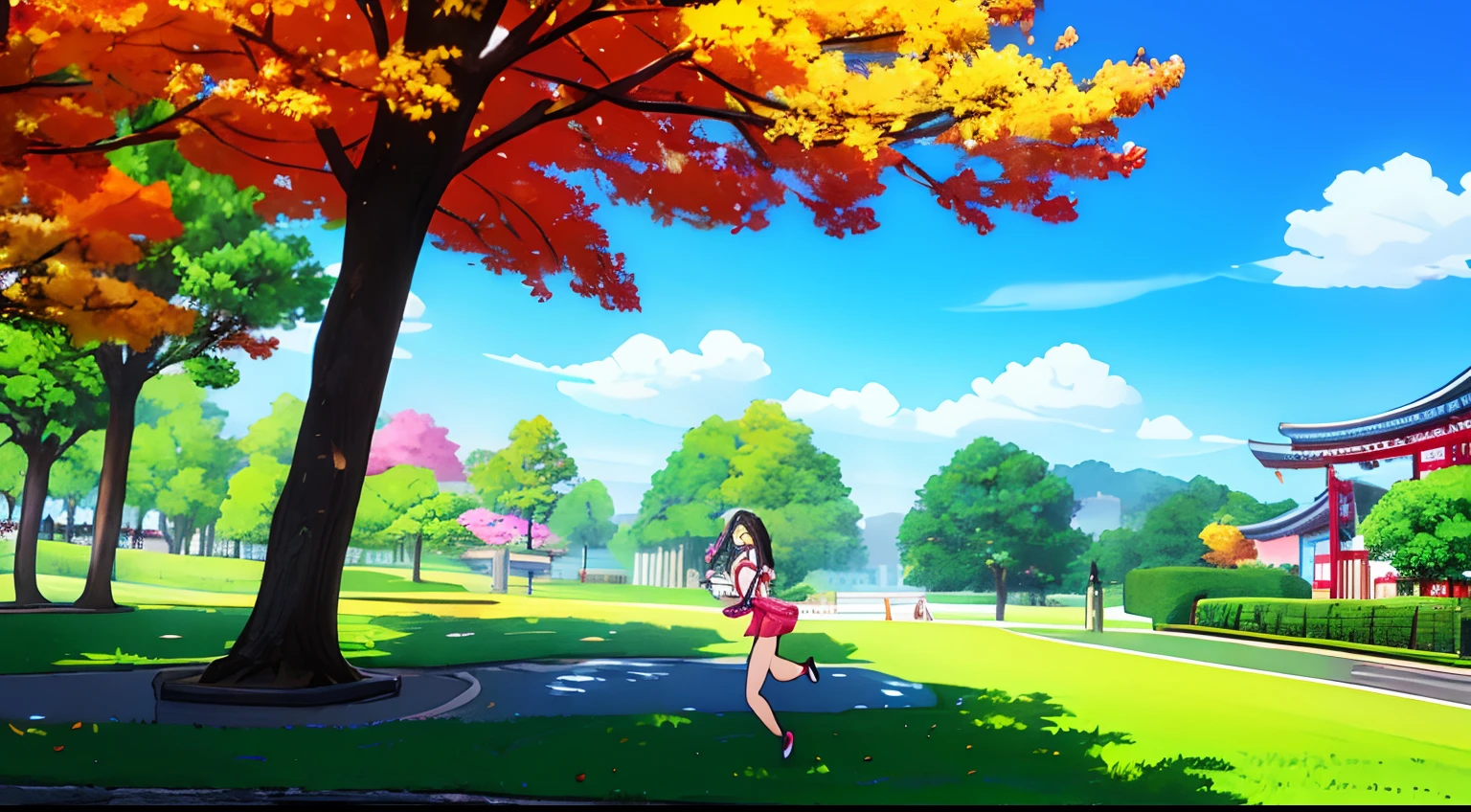 Happy girl running in a park in Japan; blue skies. anime. 4k