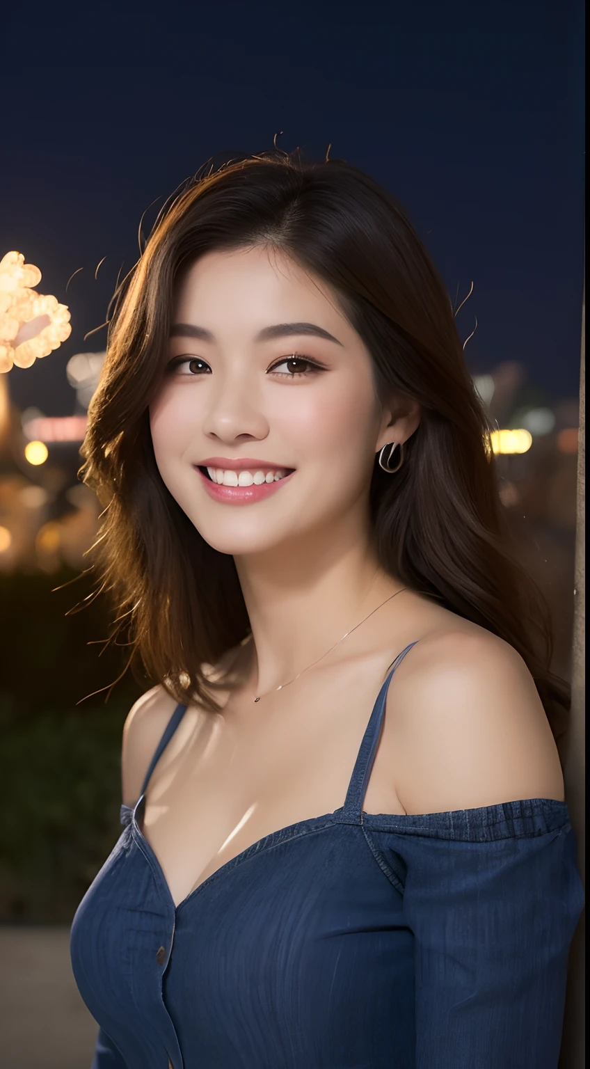 ((Night Scene, Realistic Light, Best Quality, 8k, Masterpiece: 1.3)), 1 Girl, Slim Body Beauty: 1.4, Brown Hair, (Big: 1.3), Off Shoulder Cut Top: 1.3, Ultra Detailed Face, Detailed Eyes, Double Eyelids, Disneyland, Fountain, Castle, Fireworks, Smile, Cleavage, Saggy