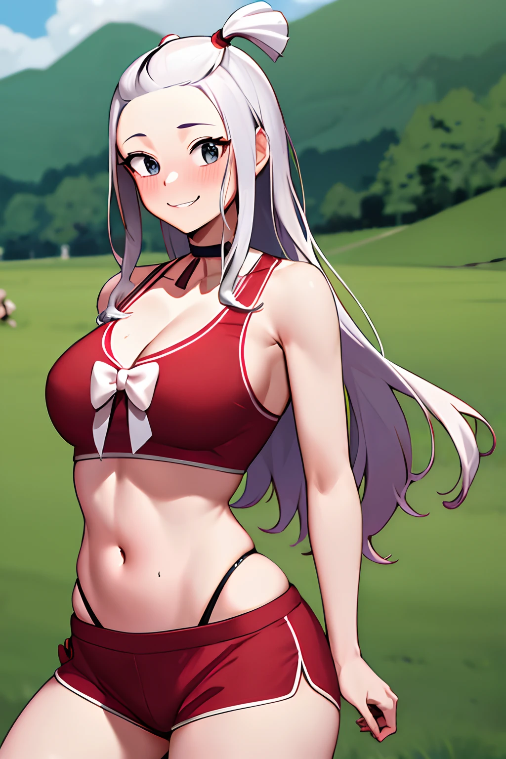 masterpiece, best quality, highres, Amira, long hair, bangs pinned back, topknot, forehead, choker, bare shoulder, cleavage, red mini shorts , sports bra,bow, sleeveless, cowboy shot, standing, outdoors, bar, smile, shy, blushing smile,showing ass