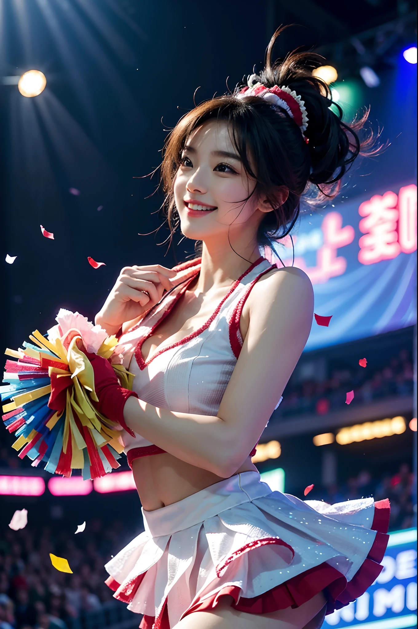 Beautiful Korean idol cheerleader
posters,Painting,high resolution,Ultra-detailed,Realistic:1.37,Vivid colors,hdr,Studio lighting,Sharp focus,
Dance energetically,Smiling happily,Perfect makeup,Stunning costumes,
crowd cheering,exciting atmosphere,dynamicposes,Expressive movements,
Beautiful hair,Sparkling eyes,rosycheeks,full pouty lips,
Colorful pompoms,Flying confetti,Glowing spotlights,
Engaging performance,Spirited cheers,Unforgettable memories