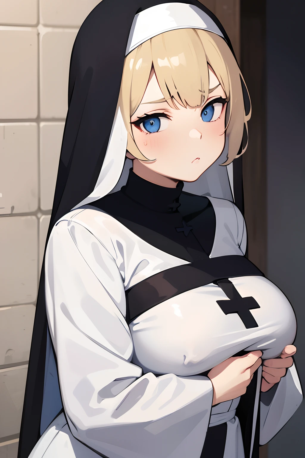 nun with blonde hair blue eyes slightly chubby cheeks and a pouty expression holding a cross in the image