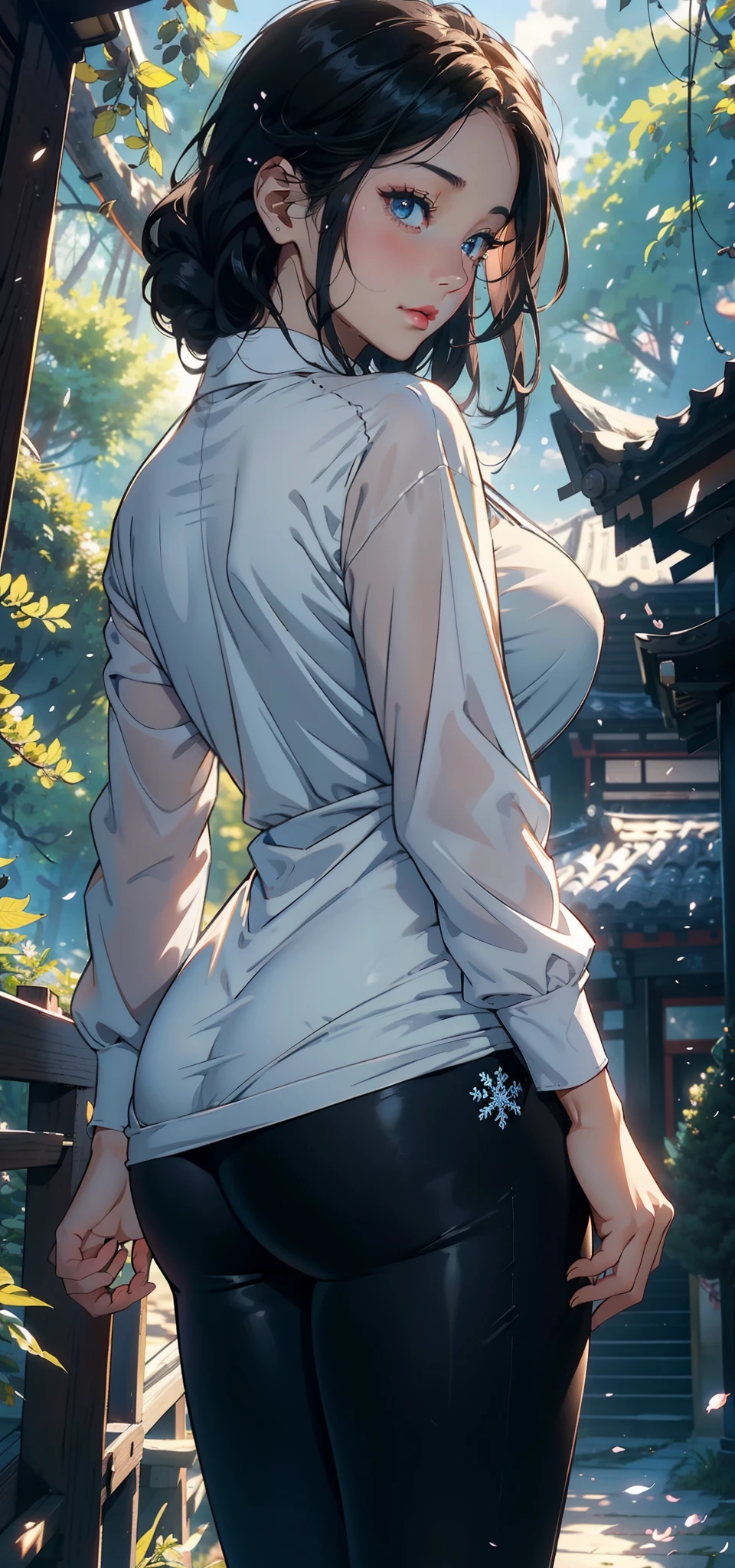 1female，35yo，A MILF，plumw，extremely large bosom， 独奏，（Background with：Cherry blossom forest，ln the forest）Deep in the forest， She has very short black hair，bobo head，Maiden Station，，seen from the front， hair straight， mostly cloudy sky，（（（tmasterpiece），（Very detailed CG unity 8K wallpaper），best qualtiy，cinmatic lighting，detailed back ground，beatiful detailed eyes，Bright pupils，Blue eyes，（Very fine and beautiful），（Beautiful and detailed eye description），ultra - detailed，tmasterpiece，））Redlip，facing at camera，A high resolution，ultra - detailed），Camel toes，Flushed complexion，Desire for dissatisfaction，frontage，SakuraNS ，US Navy，Snowflake decoration，（Wearing：，white uniform，black colored leggings）