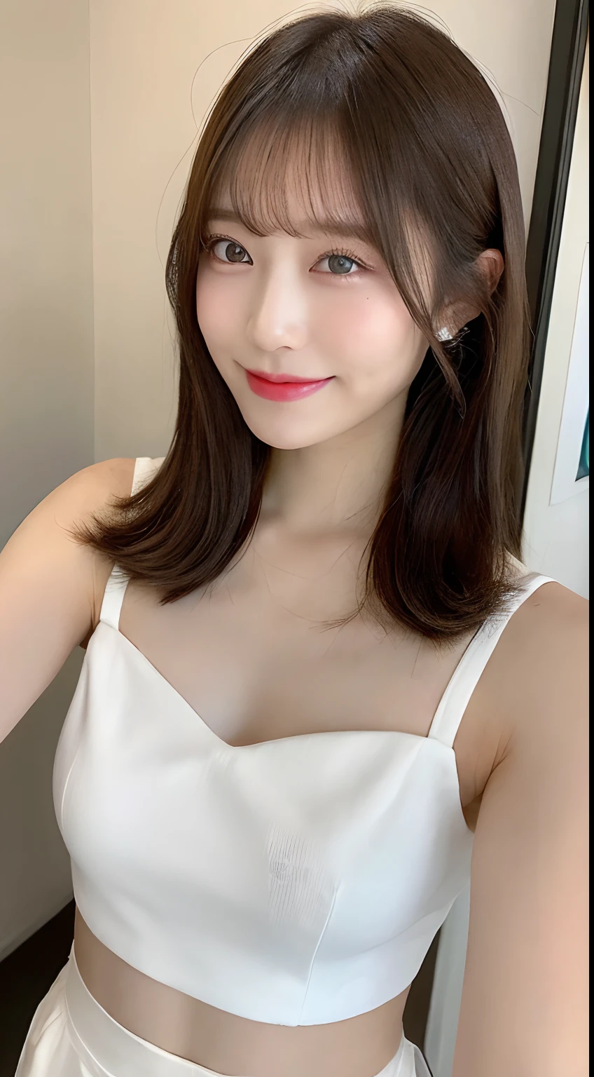 ((top-quality、8K、masterpiece:1.3))、1girl in、Slim Abs Beauty:1.3、(Hairstyle Casual、Colossal tits:1.2)、doress:1.1、Colossal tits:1.2、Super fine face、Delicat eyes、二重まぶた、A smile、Home、White lingerie、White bra、White pants
