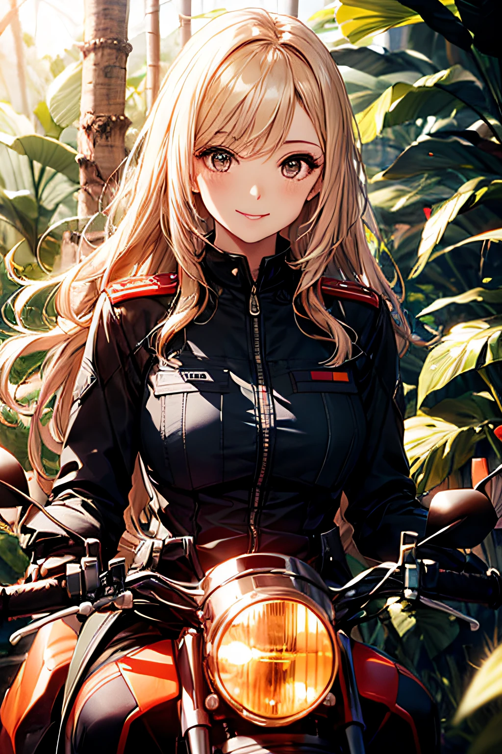 Cybernetic arm and glowing robot cyber girl,(Sheer and revealing costumes:1.3, ),(Robot Cyber Girl riding a powerful military-style motorcycle galloping through jungle:1.3), Glossy light brown and orange striped shorthair,Cute smile,Perfect round face,A cheerful smile that makes the viewer happy,Proper body proportion,masutepiece,Super high-quality output images,hight resolution,Intricate details,Very delicate and beautiful hair,photos realistic,Dreamy,Professional Lighting,realistic shadow,Solo Focus,Beautiful hands,Beautiful fingers,Detailed finger features,detailed clothes features,Detailed hair features,detailed facial features,