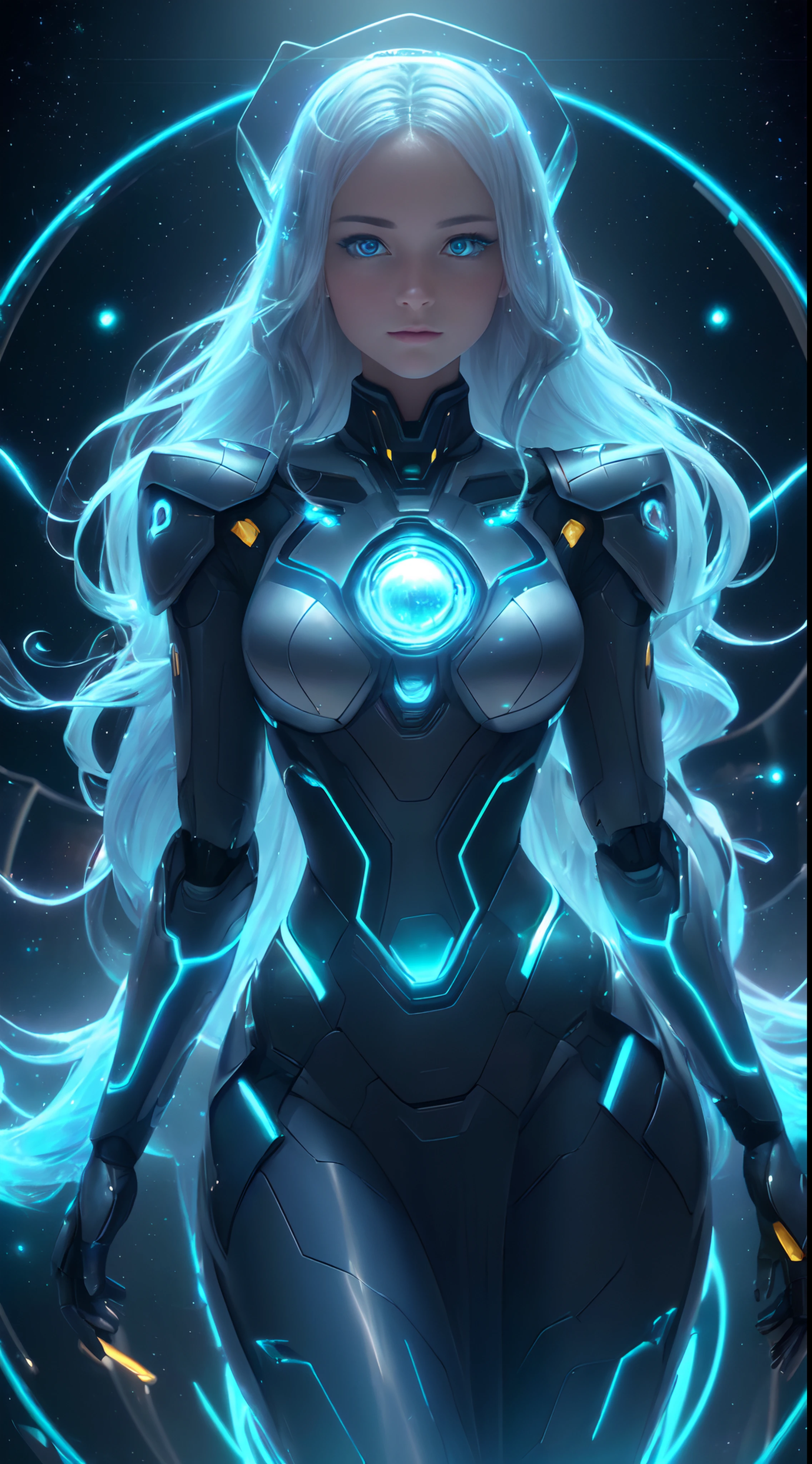 motor irreal:1.4,UHD,La mejor calidad:1.4, fotorrealista:1.4, textura de la piel:1.4, obra maestra:1.8,((Beautiful robot woman Vividly colored digital image of a symmetrical young and ethereally beautiful face with icy blue long hair and eyes reflecting the galaxy., With an elegant futuristic dress that shines with holographic light reflections, De pie frente a un elegante, Glowing portal emitting fog and glowing particles, It's inside a high-tech lab full of screens and shiny equipment..., Rendered in a stunning sci-fi anime art style with cinematic lighting, intricate linework, and a beautiful structure of atmospheric glow effects ))
