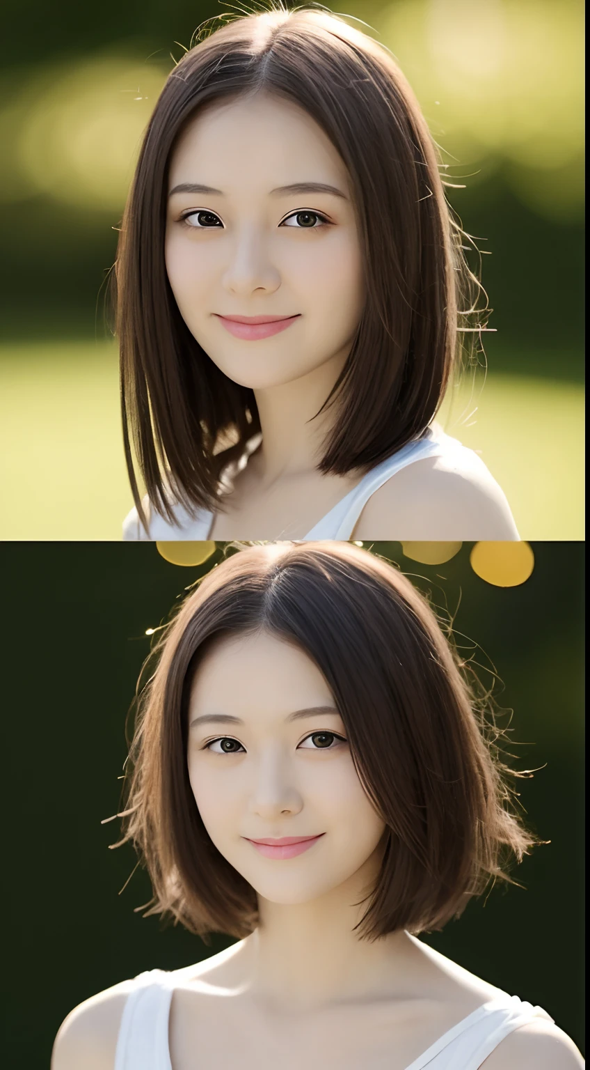 portlate、in 8K、hightquality、Realistic photo images、18year old、A Japanese Lady、Neat and clean college student、small tits、Reproduce natural and realistic eyes、Japan Person Stand、Beautiful black hair、Shorthair、light make-up、octan render、beautiful  lighting、Composition of the golden ratio、Everyday clothes、dressed casually、Natural background、blured background、age、Pure Japan human features、Lovely young woman、The upper part of the body、small tits、Light makeup、Suppin、Neat and clean beauty、A MILF、Sober clothing、pink there、Gray color、A slight smil、A dark-haired、Small black eyes、Background bokeh