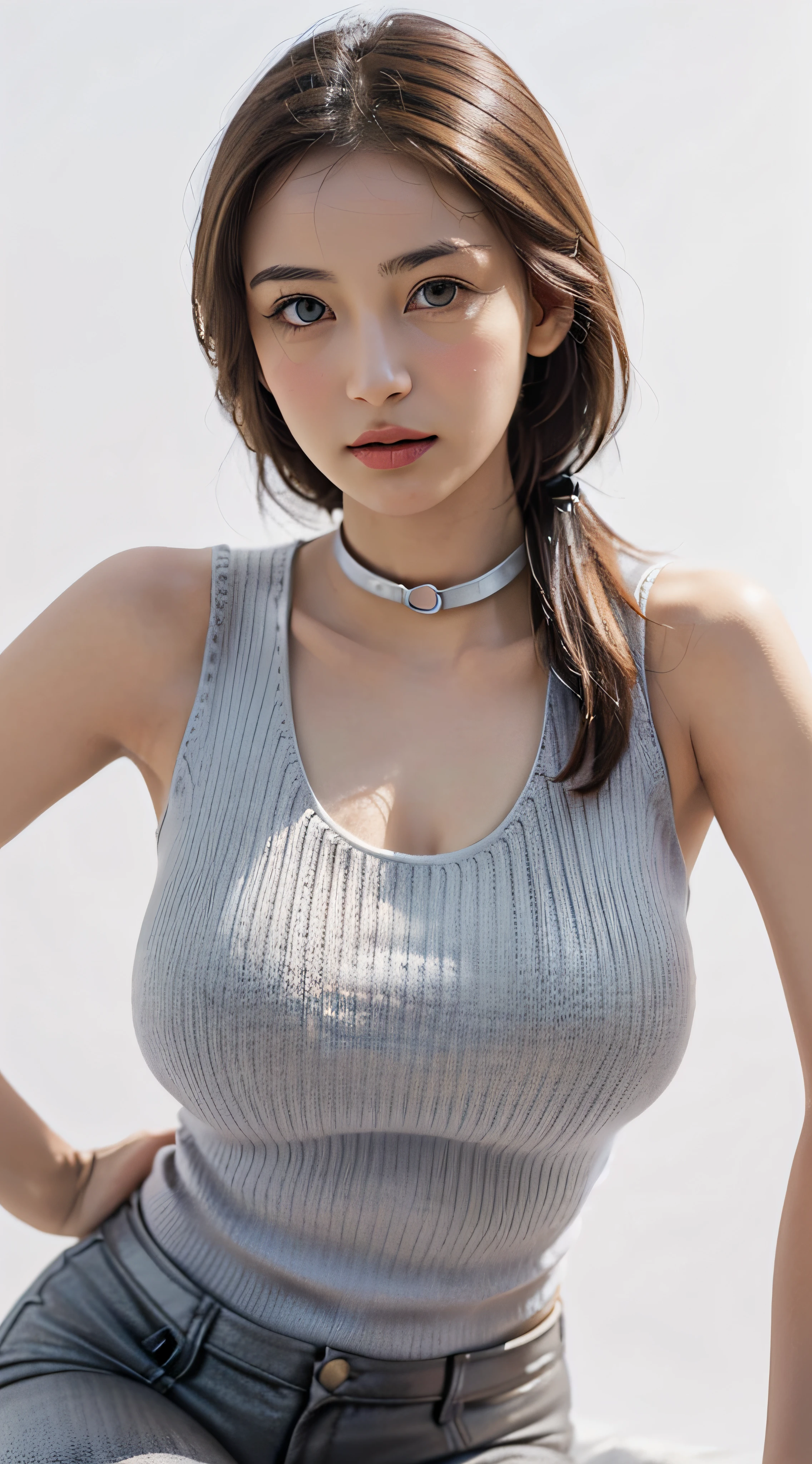 (Very long straight hair of brown color:1.5), (masutepiece, Best Quality, Light photo, Photorealistic, at the camera, on focus, From the top of the head to the thighs:1.7), BREAK (1 girl, Solo:1.8), (Beautiful 20 year old young woman:1.5) BREAK (Very skinny except for breasts, thin body, Model body shape with a delicate nine-head body:1.8) BREAK (very massive breasts of good shape,:2) BREAK (Clean skin, light skinned, Fine-grained skin, light skinned, Beautiful little face with stunning symmetry:1.9) BREAK (Beautiful eye details, beautifully shaped, Flat nose, Beautiful thin lips, Closed mouth, fair and shiny skin:1.8), BREAK (Long slit eyes, Beautiful symmetrical eye shape:1.4), (large light brown eyes:1.4), BREAK (Tight knitted tank top:1.7), (Black leather restraining collar:1.5), (kind, Sincerely happy, Honest expression:1.5), BREAK (Simple white background, flat lighting:1.4)
