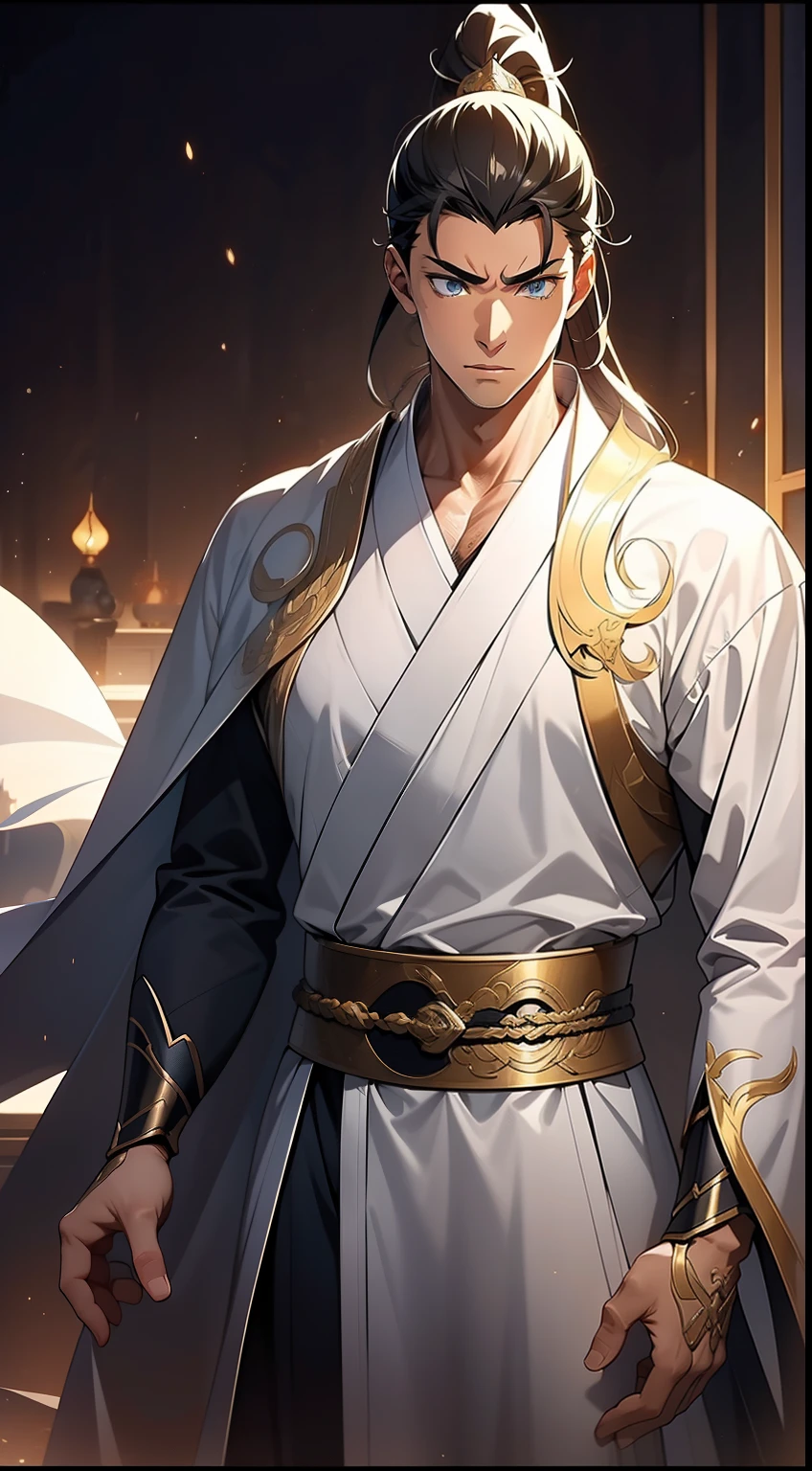 quadratic element，style of anime，mtu（Male Warrior），The proportions are correct，Face details，swordsmen，High ponytail hairstyle，Neck details，There is an Adam's apple，White robe，kaftan，long white robe，clothes details，Handing over，longer sleeves，Game quality，Swordsmanship，Light and shadow tracking，Ray traching，detailed glow，cg render，hair detail，cabelos preto e longos，blue colored eyes，Handsome，Handsome，（juvenile sense），Clothing is complicated，Perfectcomposition，Refinement，high qulity，higher details，Lots of details，The background is complex，a sense of atmosphere，
